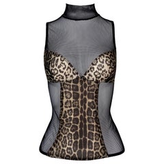 C. 2000 Roberto Cavalli Sheer Black Fishnet & Leopard High Neck Top