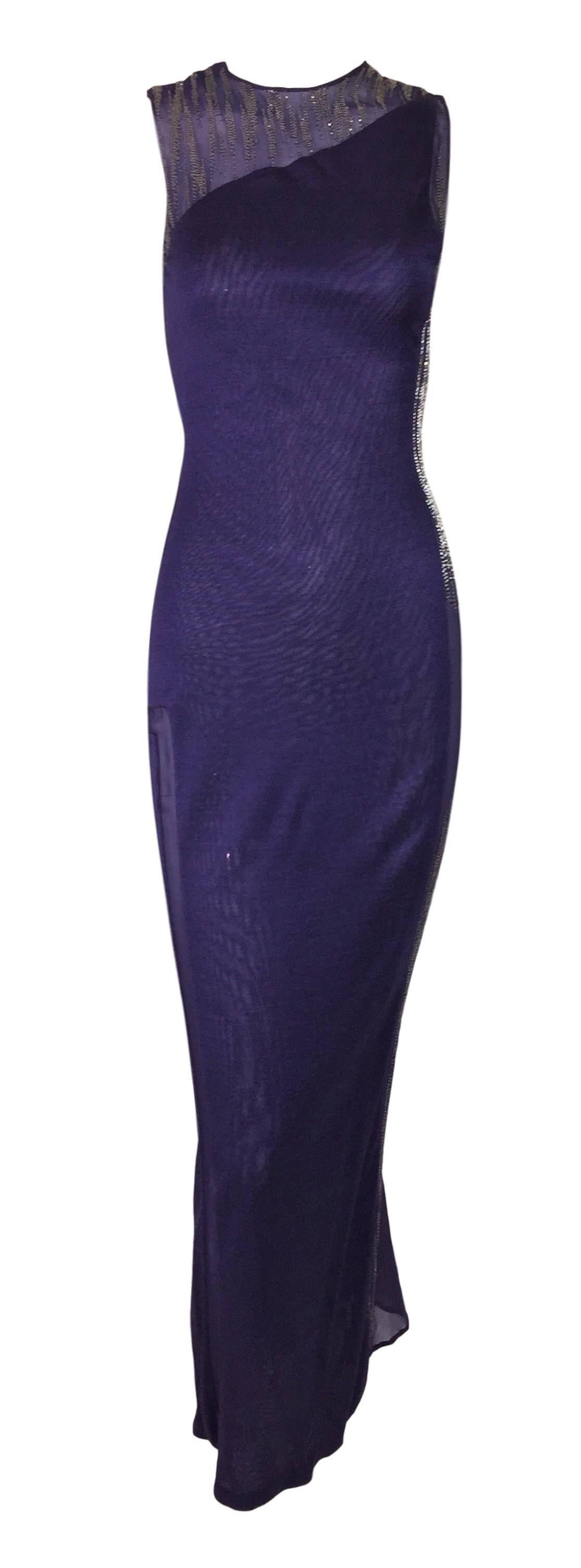 Black C. 2001 Atelier Versace Sheer Purple Beaded Gown Dress