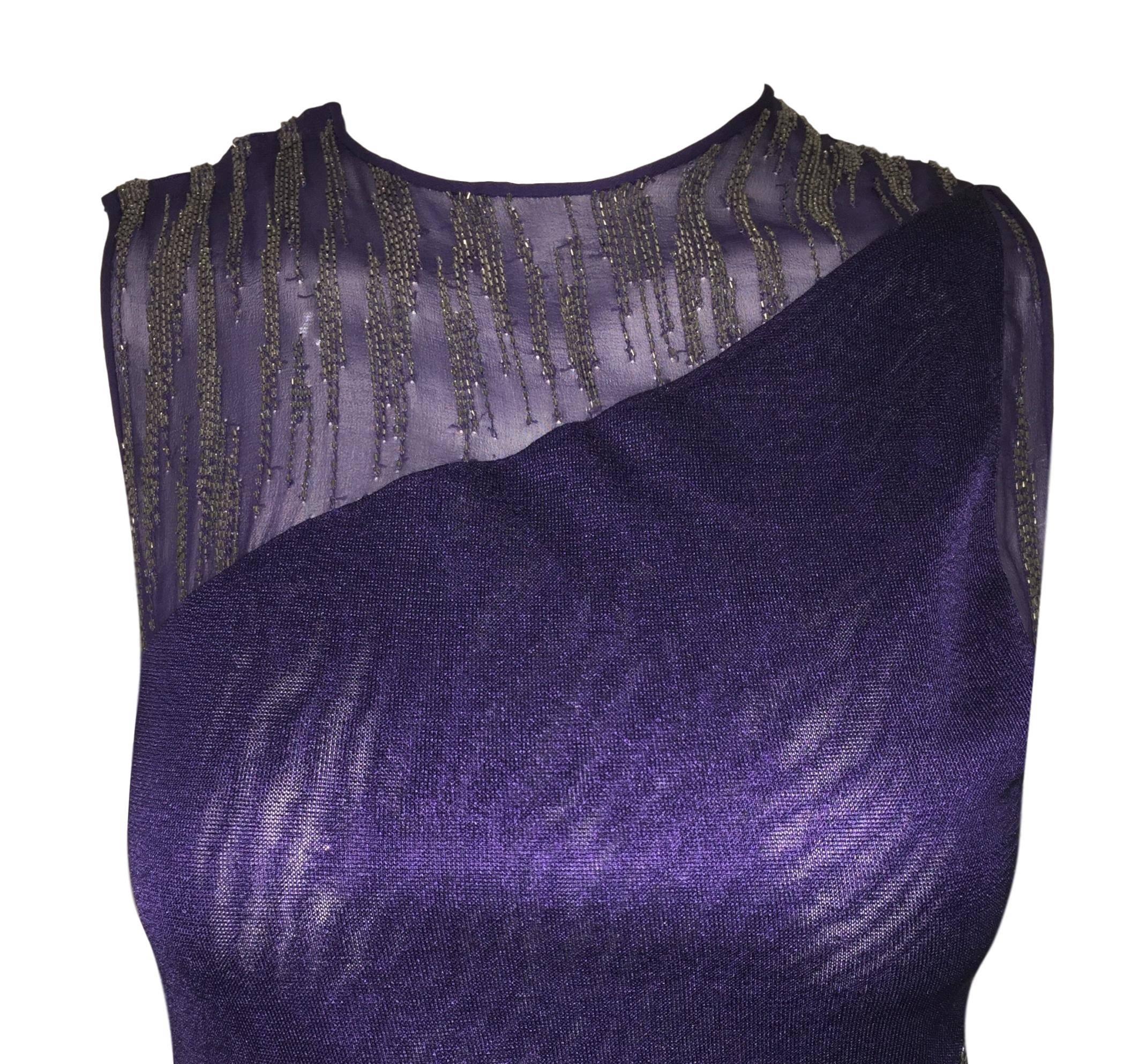 C. 2001 Atelier Versace Sheer Purple Beaded Gown Dress In Good Condition In Yukon, OK