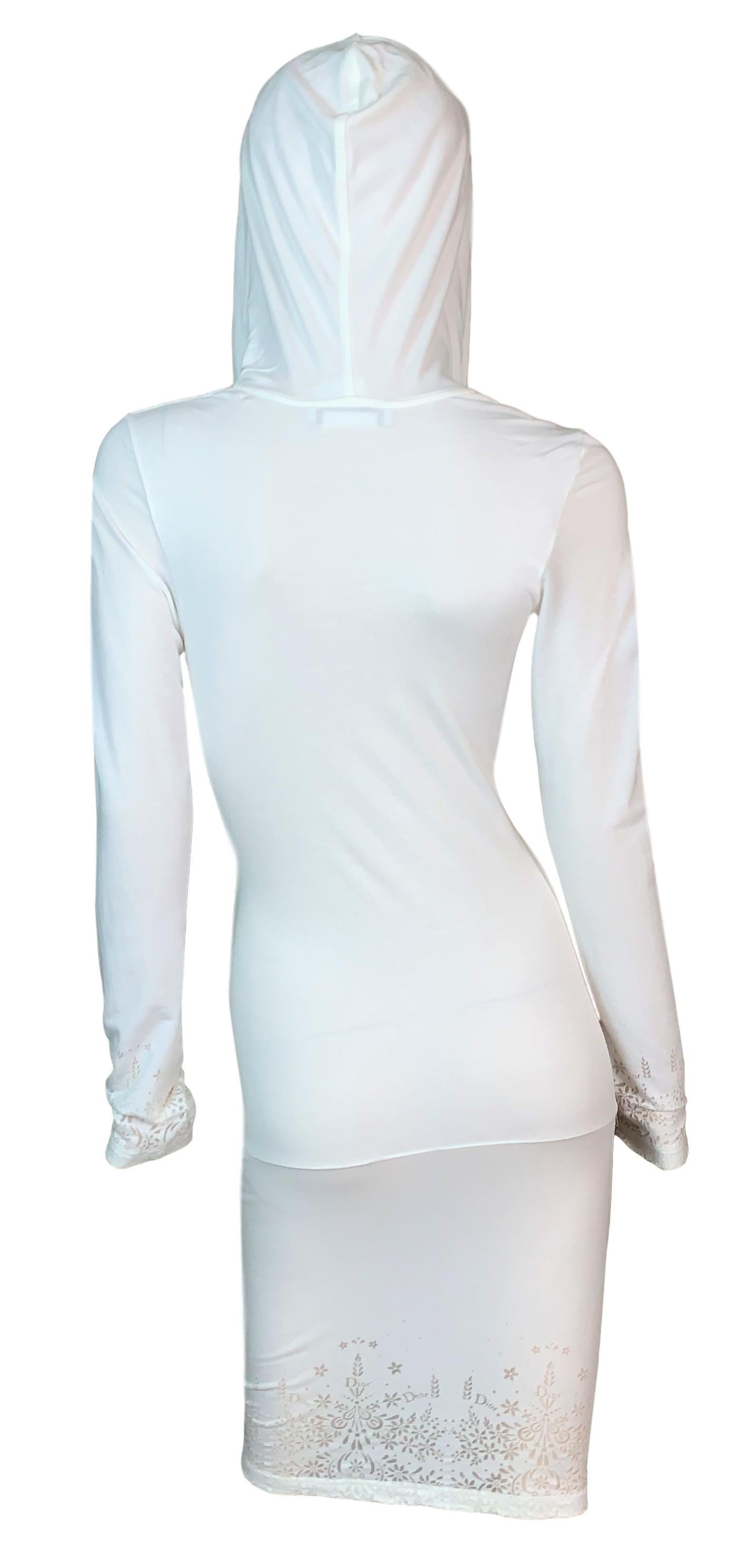 Gray C. 2001 Christian Dior John Galliano Plunging White Hooded Bodycon Logo Dress