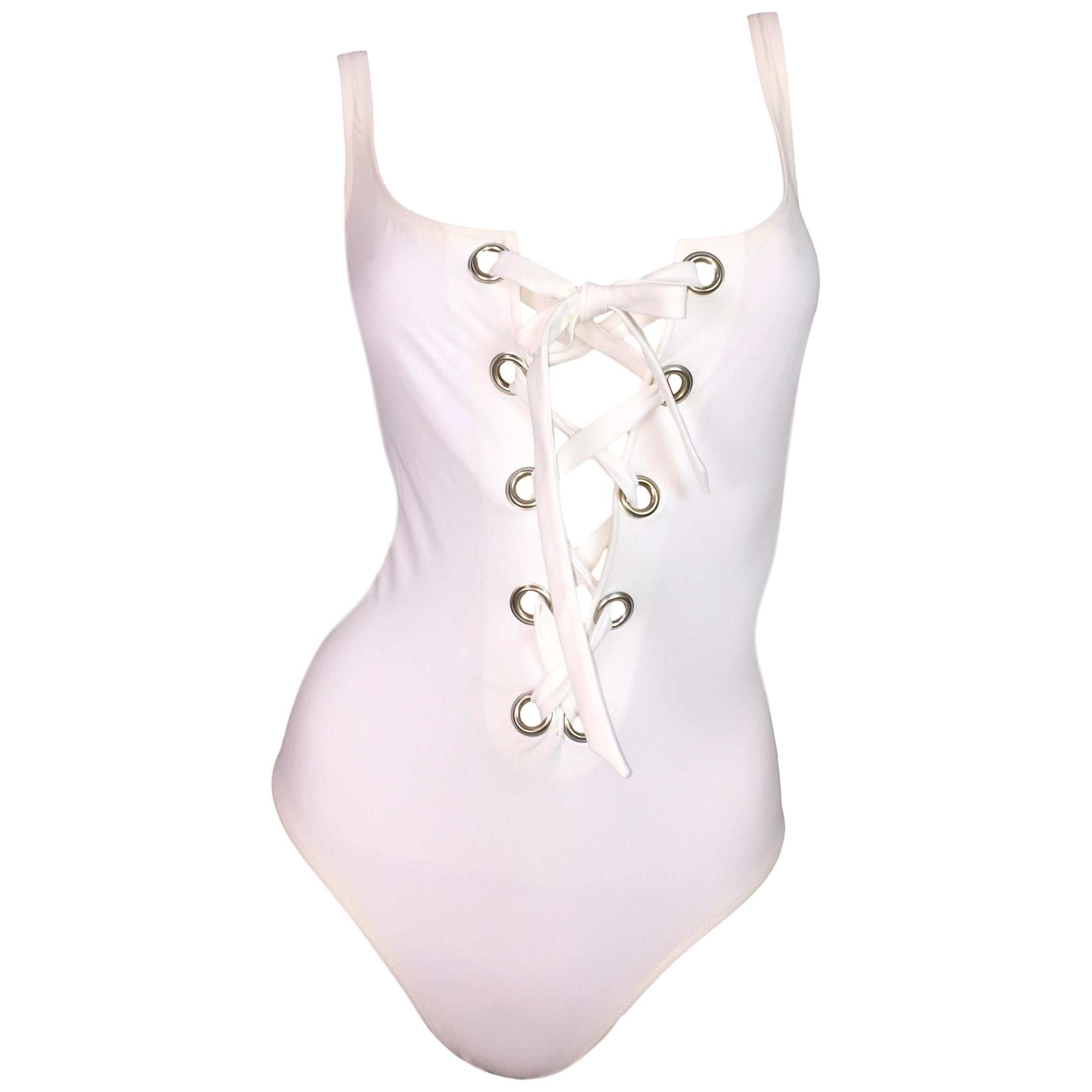 C. 2003 Dolce & Gabbana White Corset Plunging Swimsuit Bodysuit