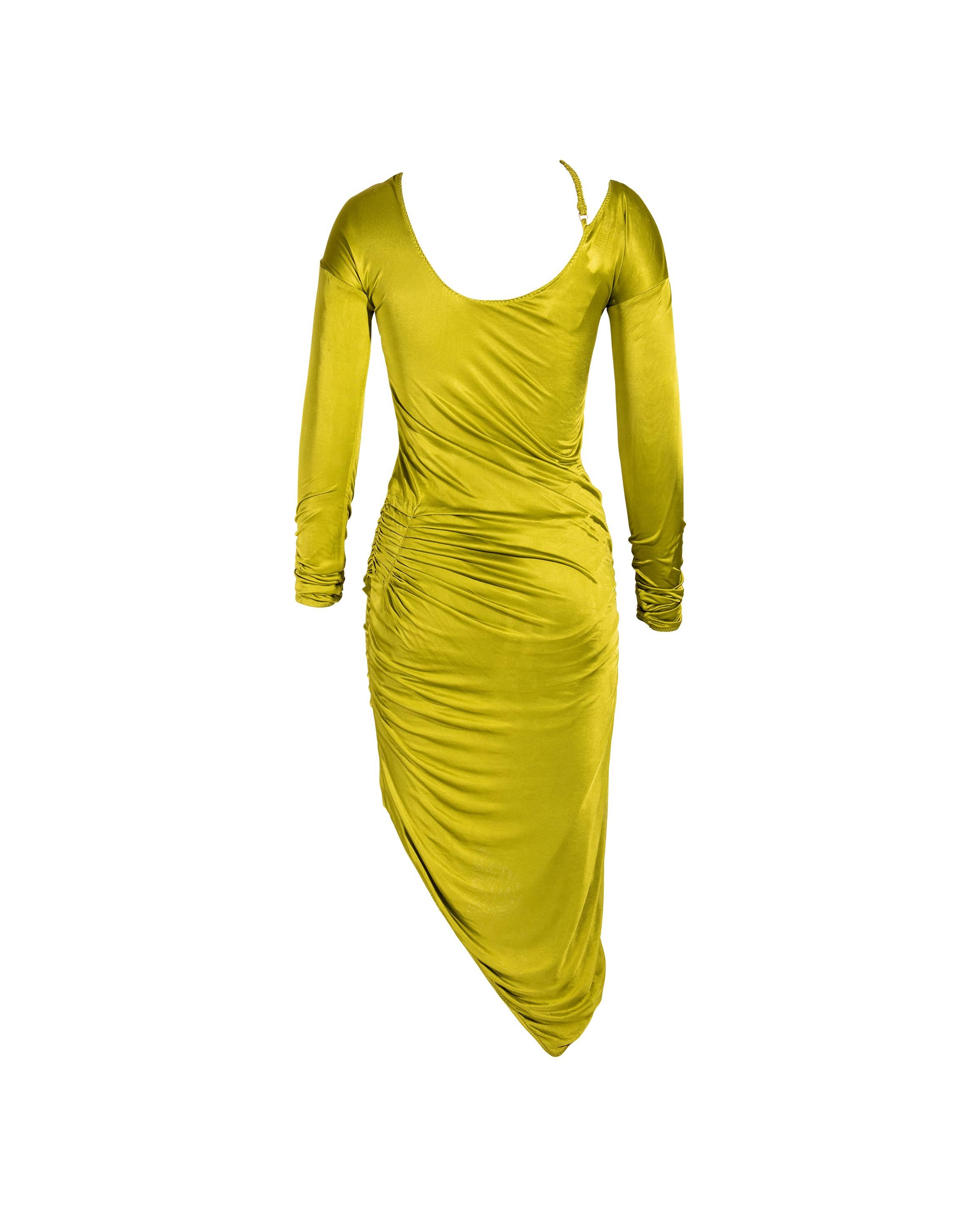 c. 2003 Gucci by Tom Ford Asymmetrical Chartreuse Long Sleeve Dress In Good Condition In North Hollywood, CA