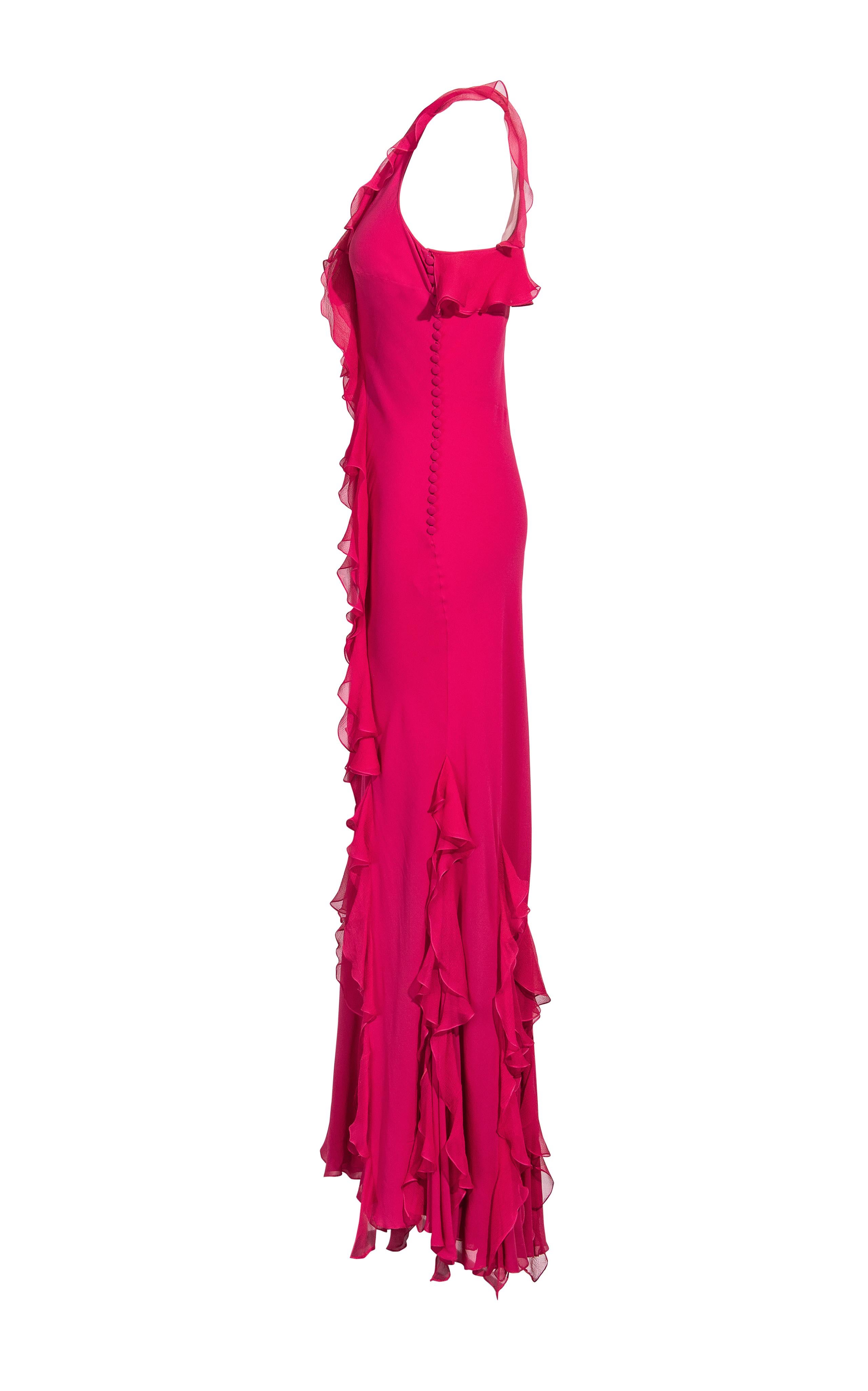 c. 2003 John Galliano Pink Silk Bias Cut Gown with Ruffle Details In Good Condition In North Hollywood, CA