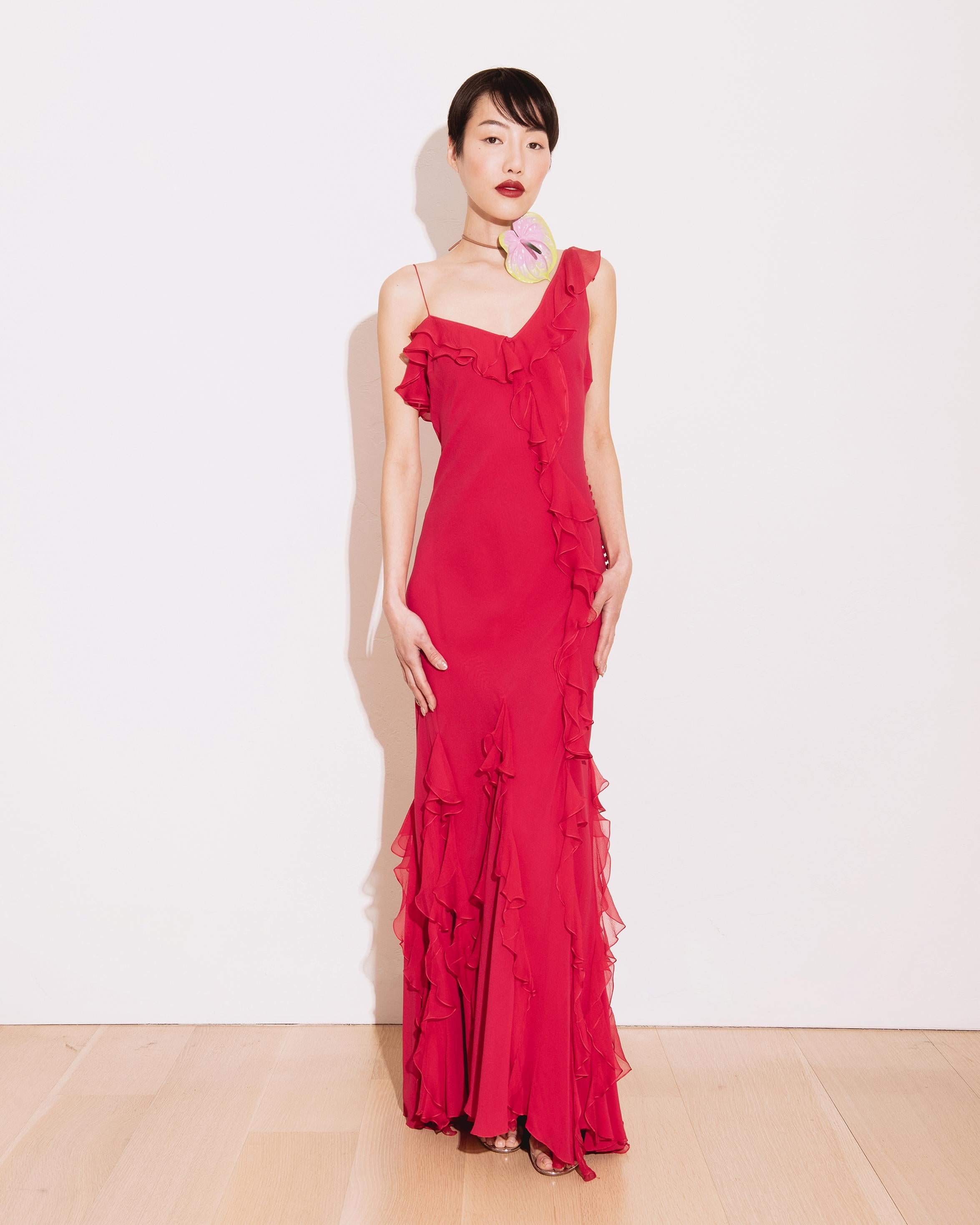 c. 2003 John Galliano Pink Silk Bias Cut Gown with Ruffle Details 1