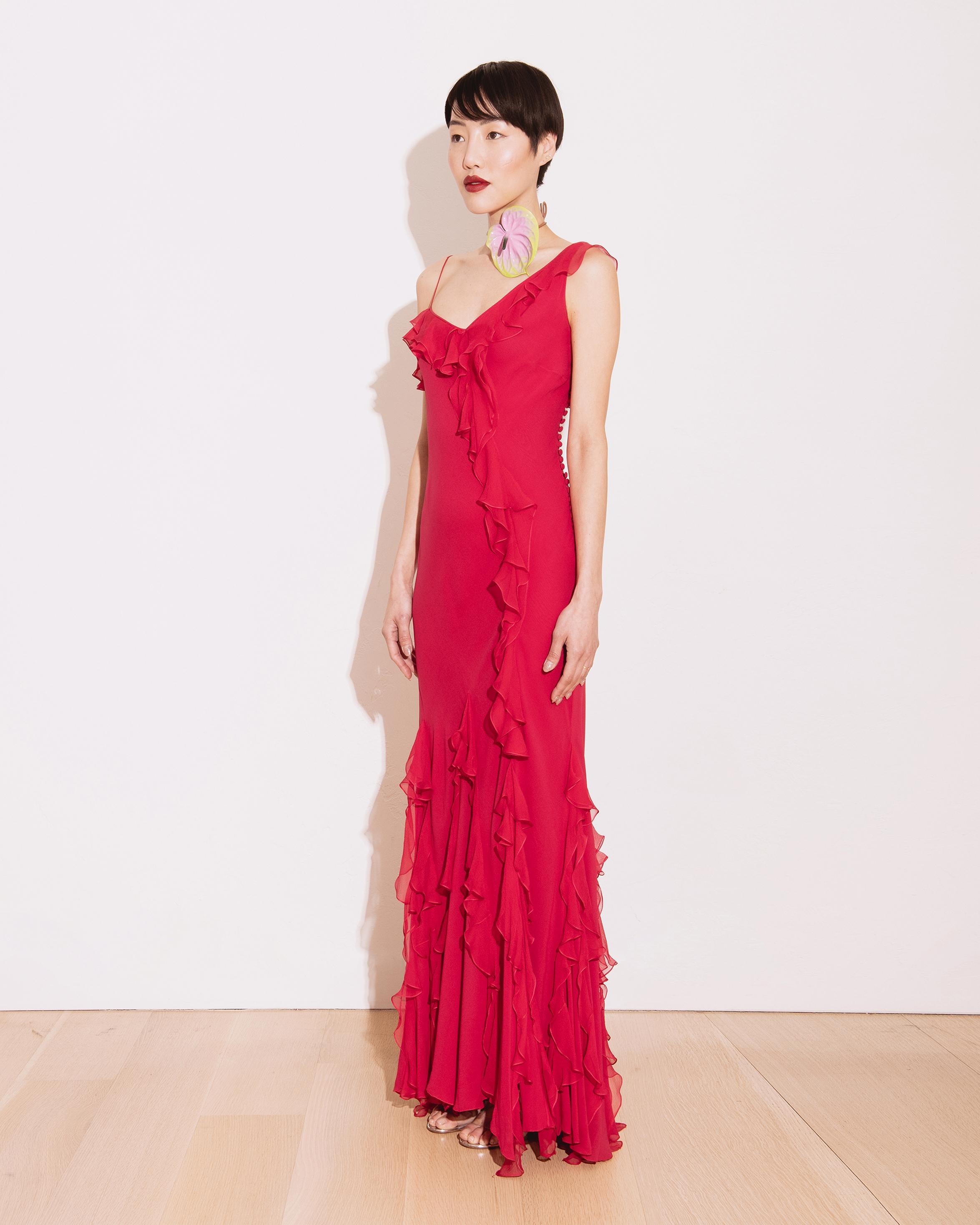 c. 2003 John Galliano Pink Silk Bias Cut Gown with Ruffle Details 2