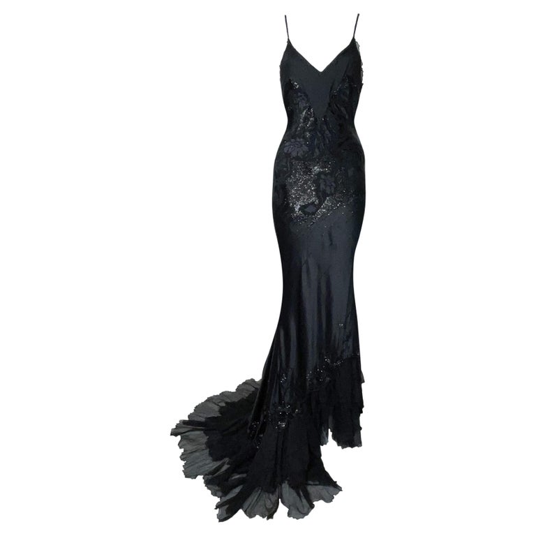 C. 2003 Roberto Cavalli Beaded Black Silk Gown Dress w Train For Sale ...