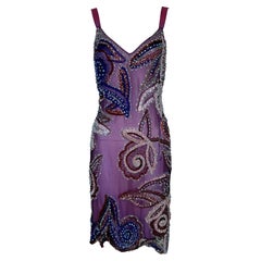 C. 2004 Alexander McQueen Sheer Beaded Mesh Purple Silk Flapper Dress