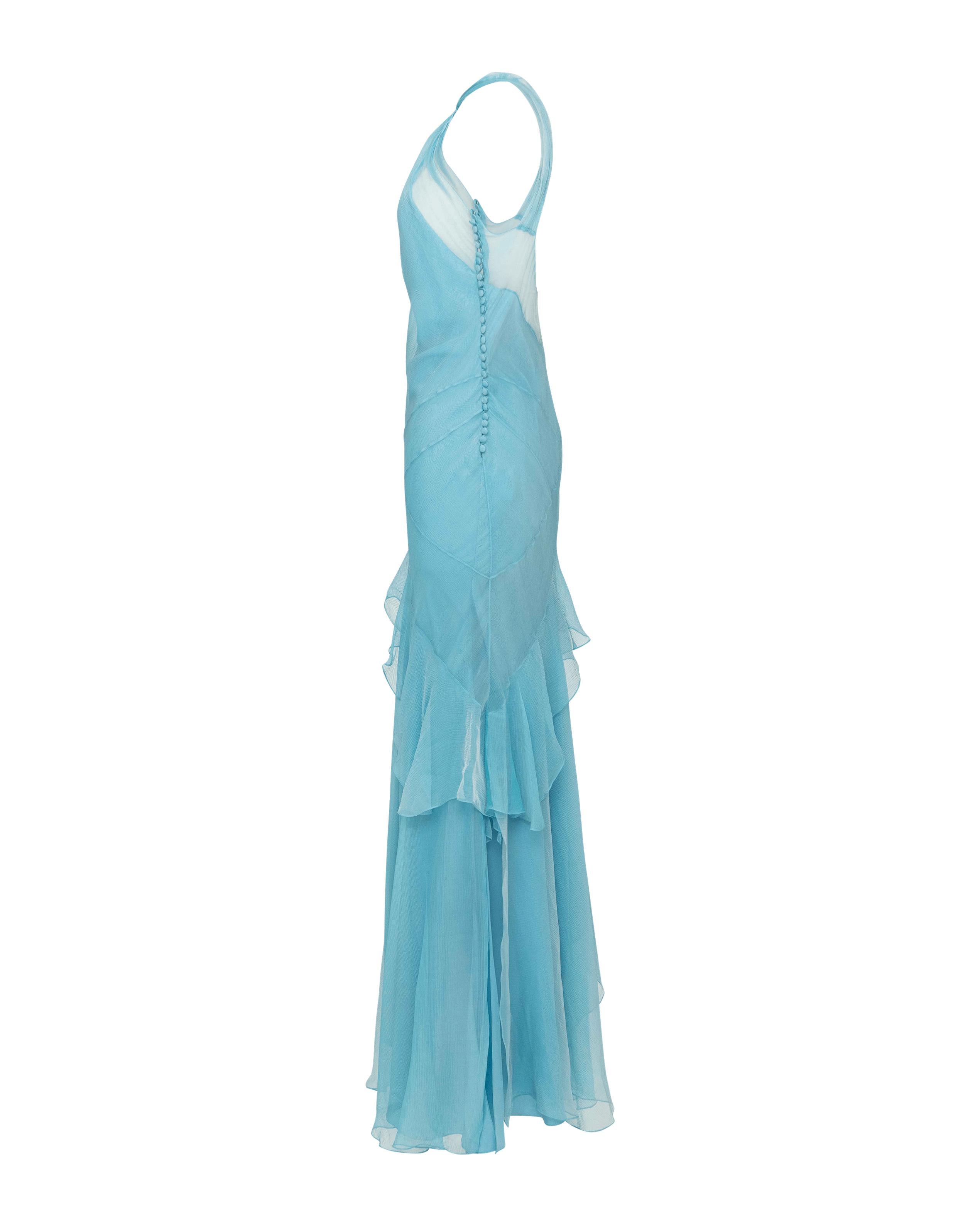 c. 2004 stunning and delicate blue Christian Dior by John Galliano silk chiffon bias-cut gown. Halter neckline and asymmetrical ruffle hem create beautiful shape. Signature Galliano 1930's inspired buttons down the side. As seen on socialite Tinsley