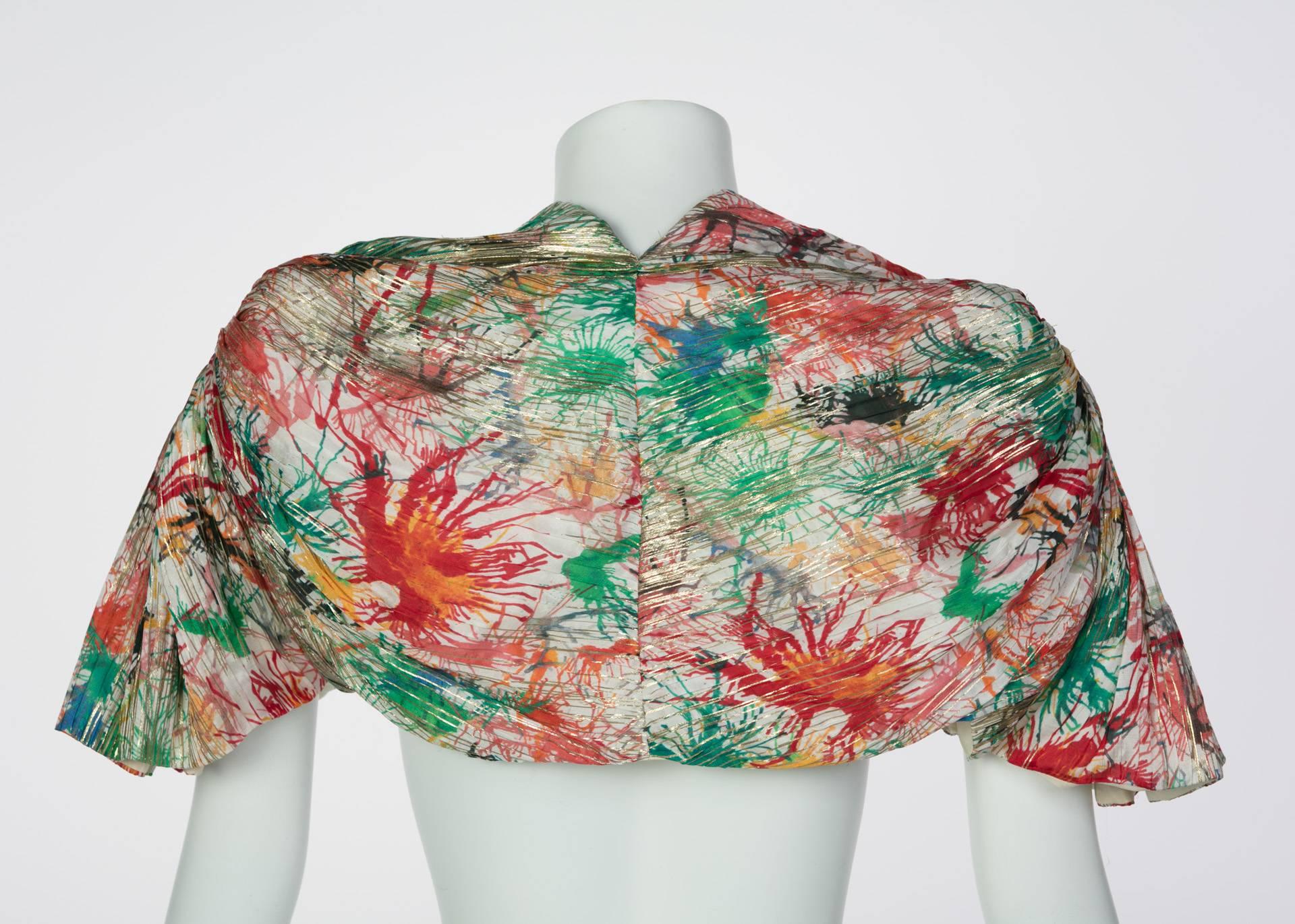 Zac Posen Splash Paint Multicolored Print Silk Lamè Bolero Jacket, 2006 1