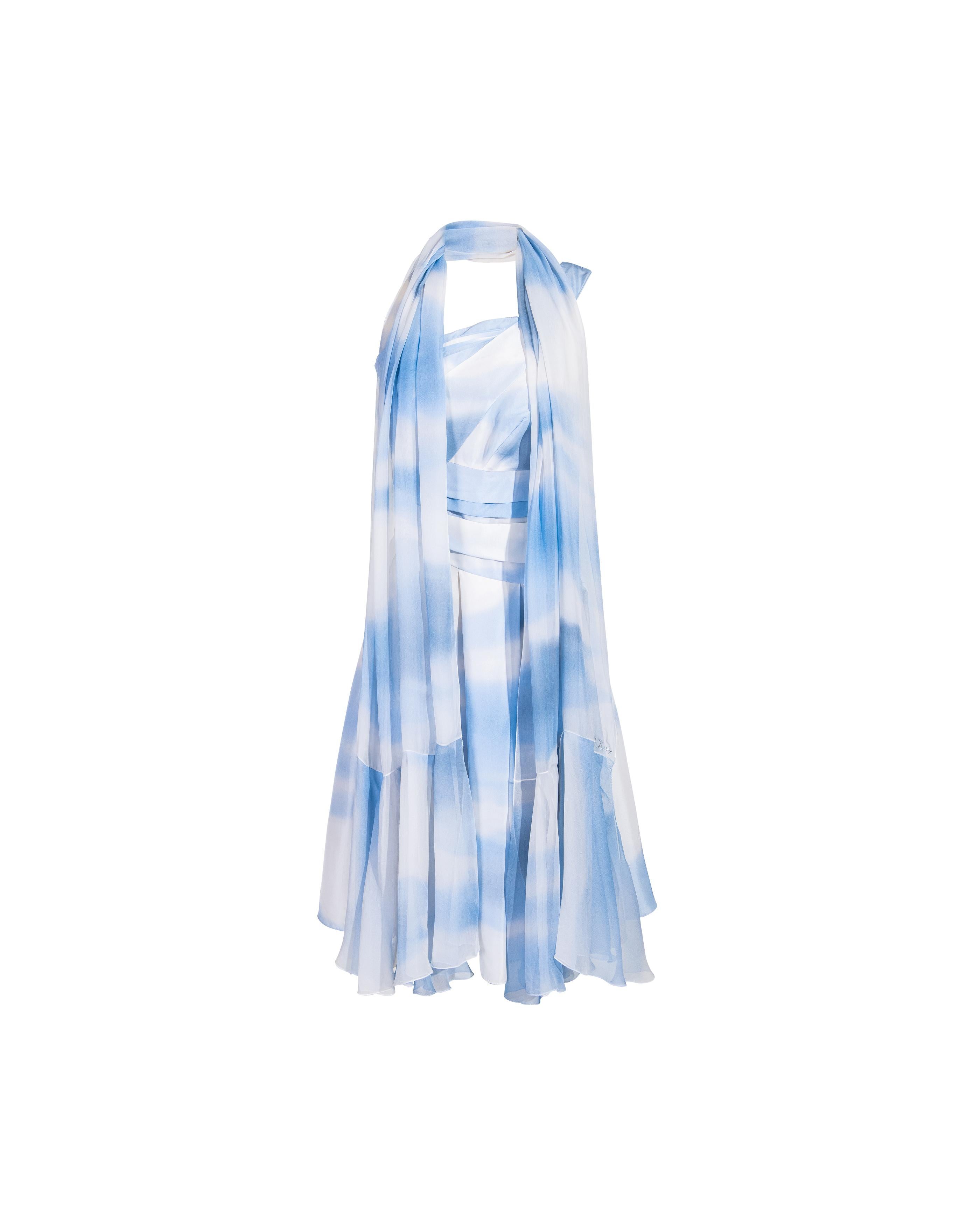 c. 2007 Christian Dior by John Galliano Boutique cloud print silk dress and matching stole. Asymmetrical one-shoulder knee-length dress with layered pleated waist and bust, with matching blue and white sky print stole featuring rhinestone 'Dior'