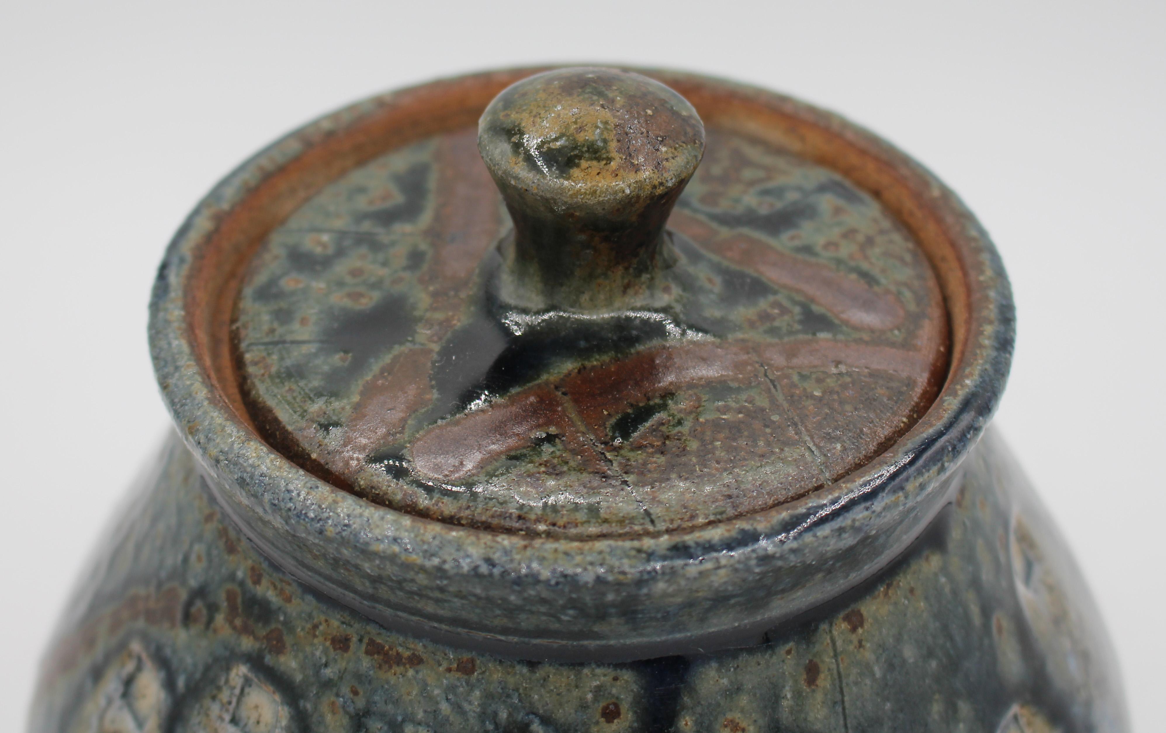 Rustic C. 2010-12 Mark Hewitt Pottery by Apprentice Seth Guzovsky Colorful Covered Jar For Sale