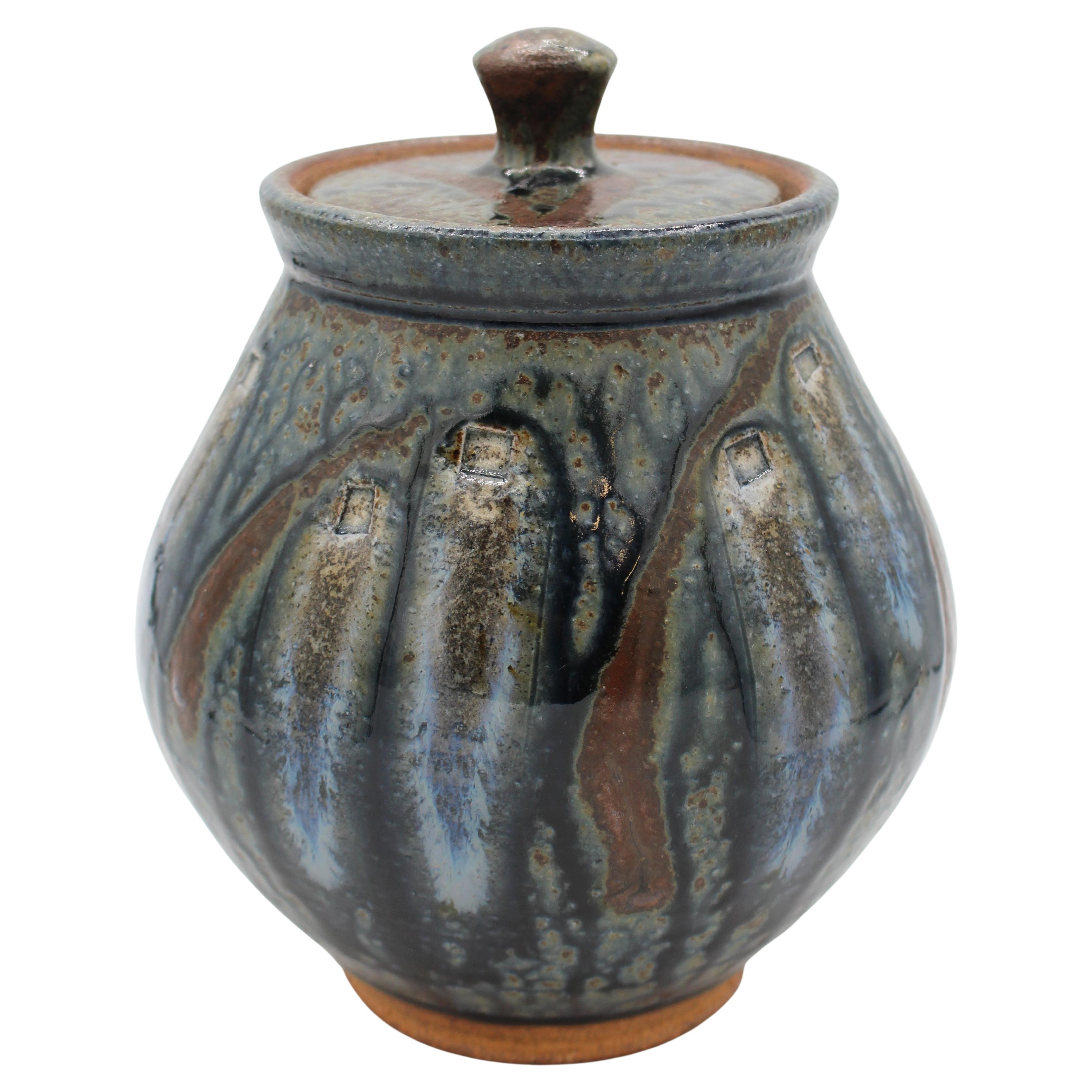 C. 2010-12 Mark Hewitt Pottery by Apprentice Seth Guzovsky Colorful Covered Jar For Sale