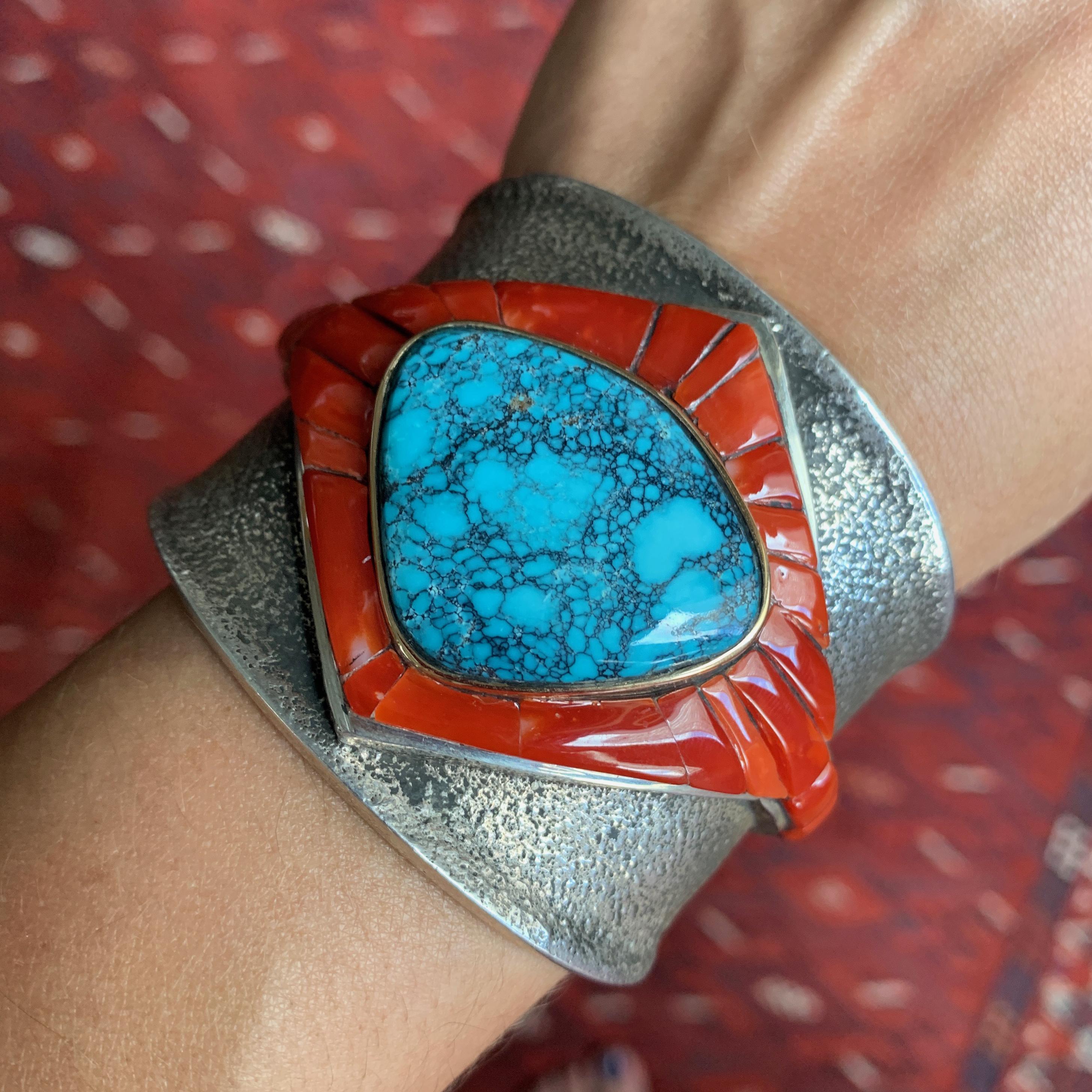 Native American Edison Cummings Turquoise Coral Yellow Gold and Sterling Silver Cuff 2015