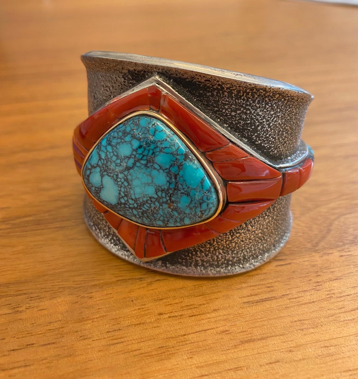 Mixed Cut Edison Cummings Turquoise Coral Yellow Gold and Sterling Silver Cuff 2015