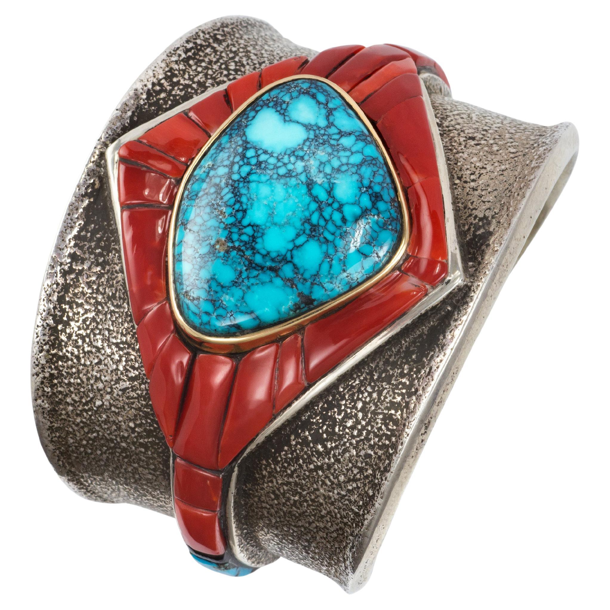 c. 2015 Edison Cummings Turquoise, Coral, Gold, and Sterling Silver Cuff