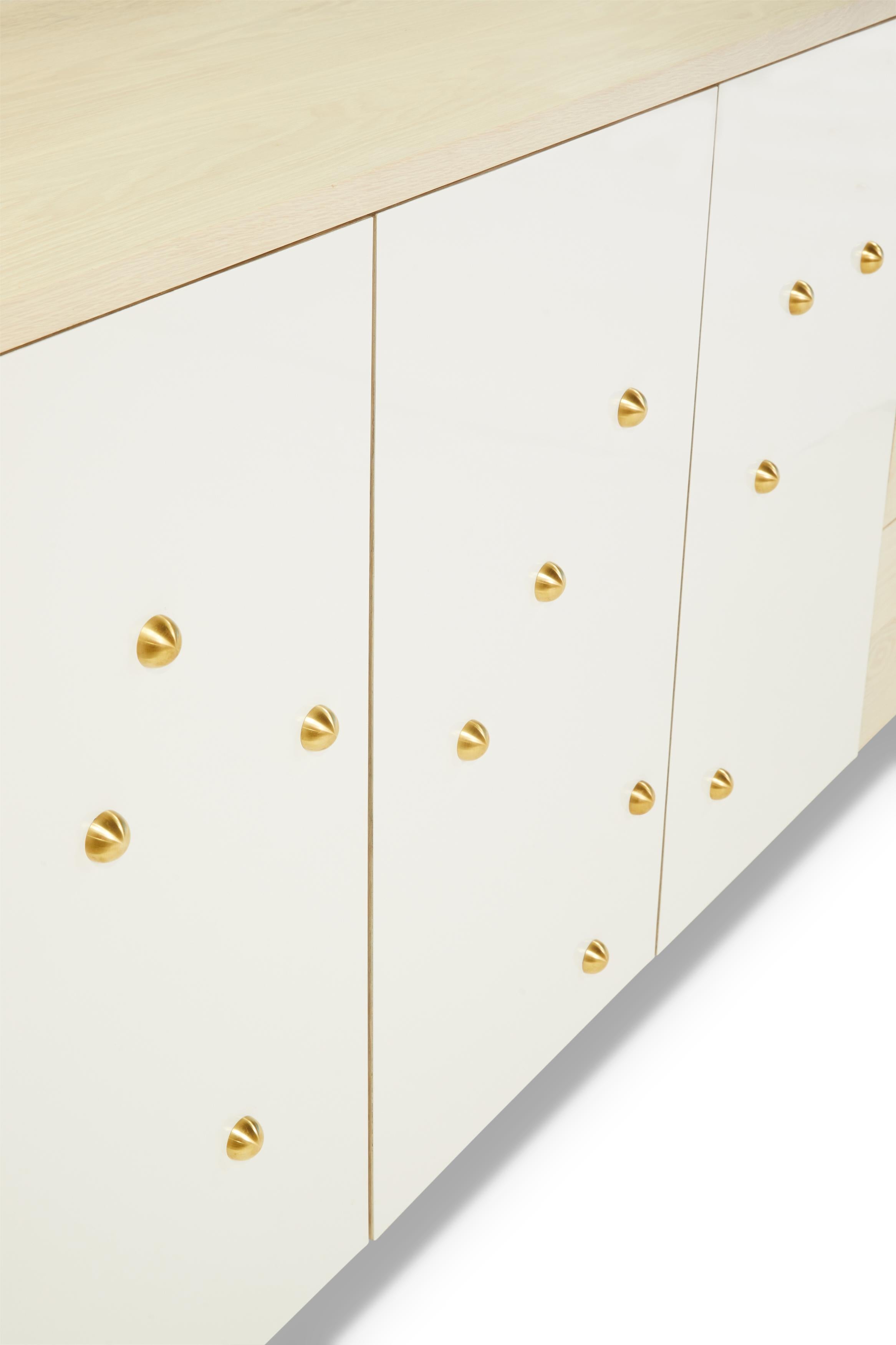 C-210WB Solid White Oak and Powder-Coated Cantilevered Credenza with Brass Knobs For Sale 1