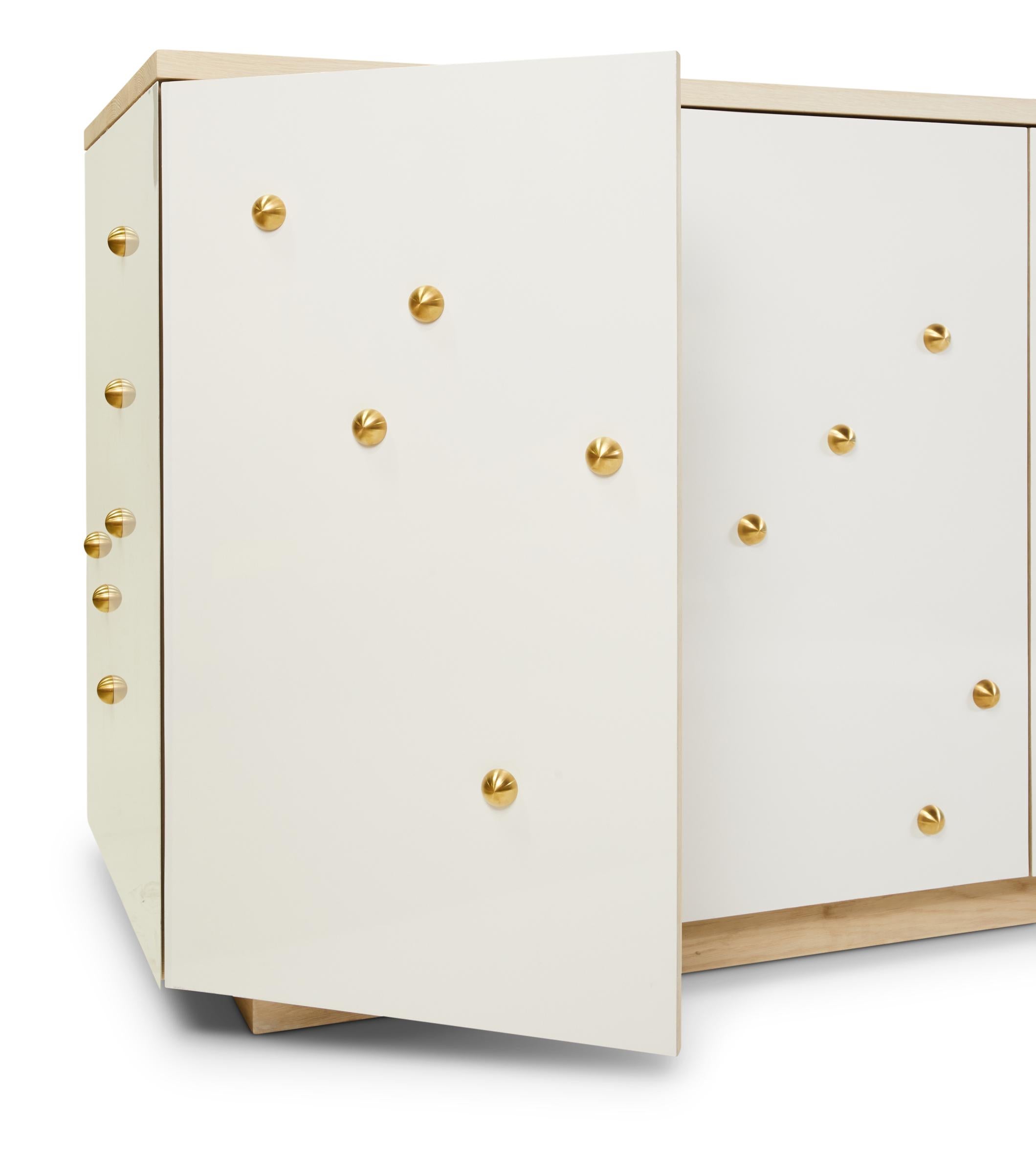 C-210WB Solid White Oak and Powder-Coated Cantilevered Credenza with Brass Knobs For Sale 2
