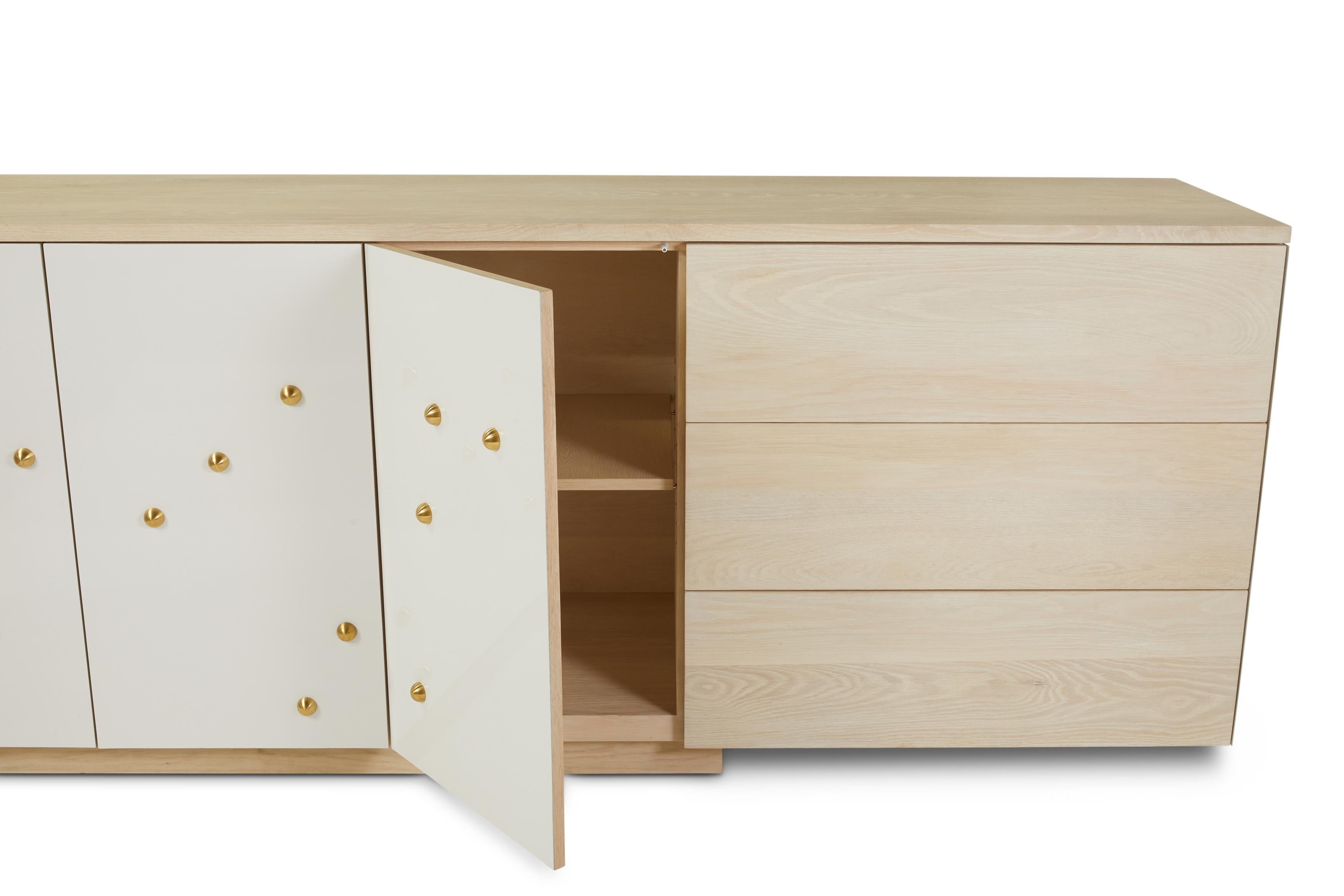 C-210WB Solid White Oak and Powder-Coated Cantilevered Credenza with Brass Knobs For Sale 5