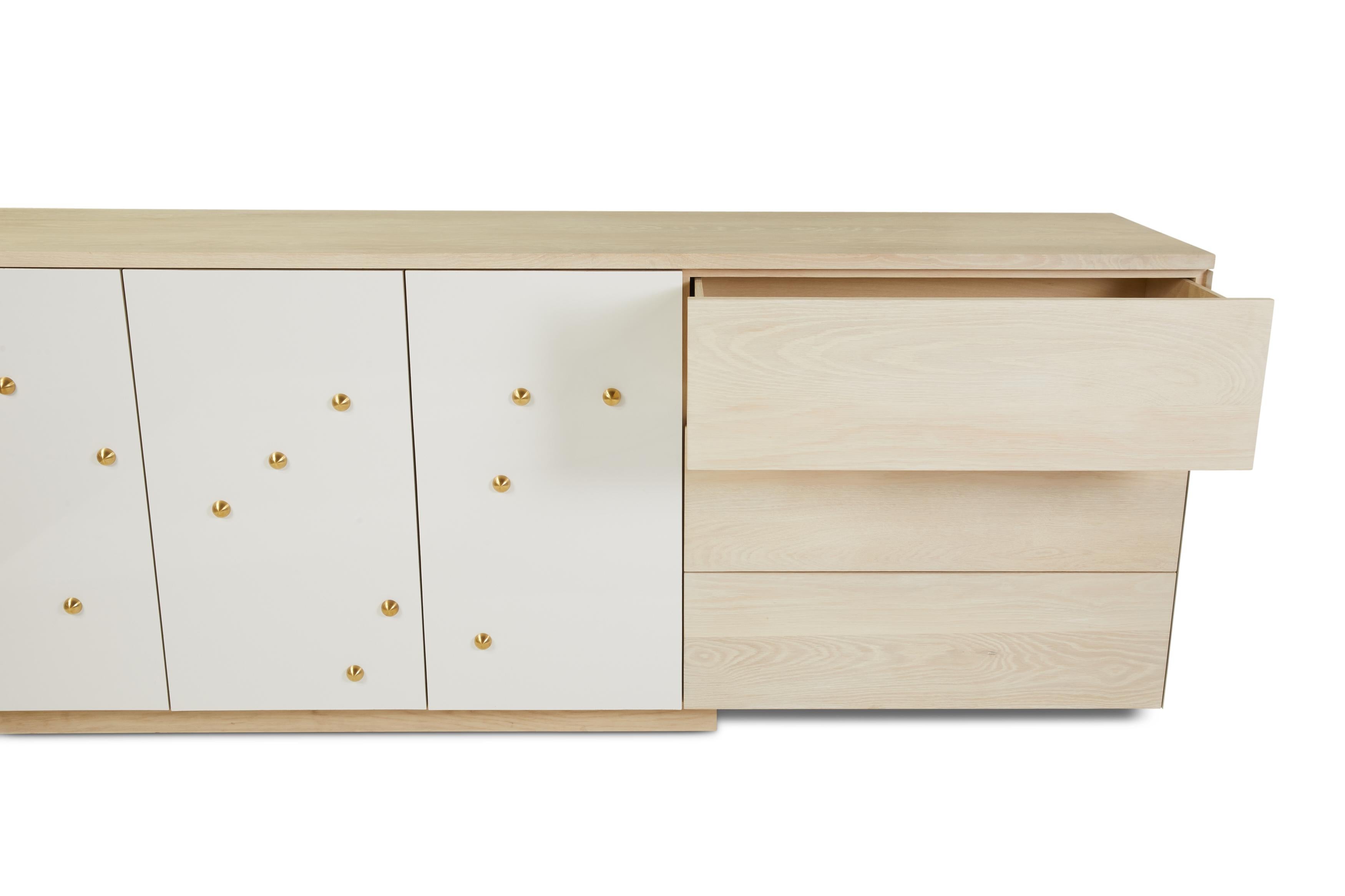 C-210WB Solid White Oak and Powder-Coated Cantilevered Credenza with Brass Knobs For Sale 6