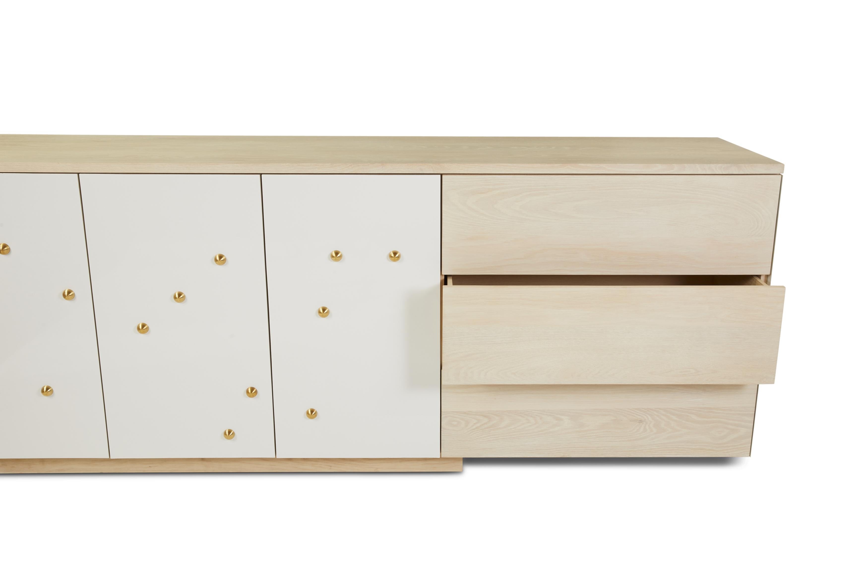 C-210WB Solid White Oak and Powder-Coated Cantilevered Credenza with Brass Knobs For Sale 7