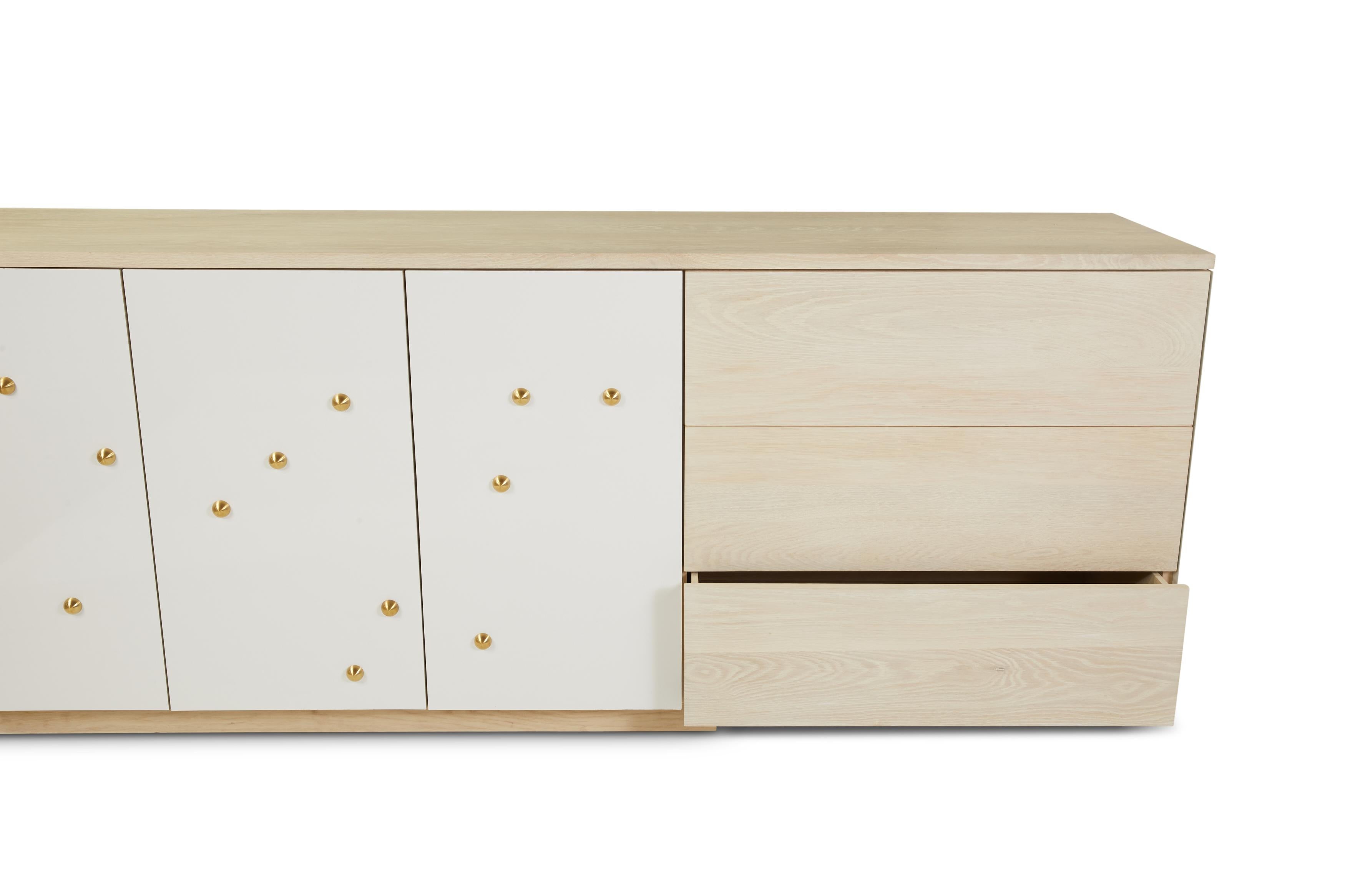 C-210WB Solid White Oak and Powder-Coated Cantilevered Credenza with Brass Knobs For Sale 8
