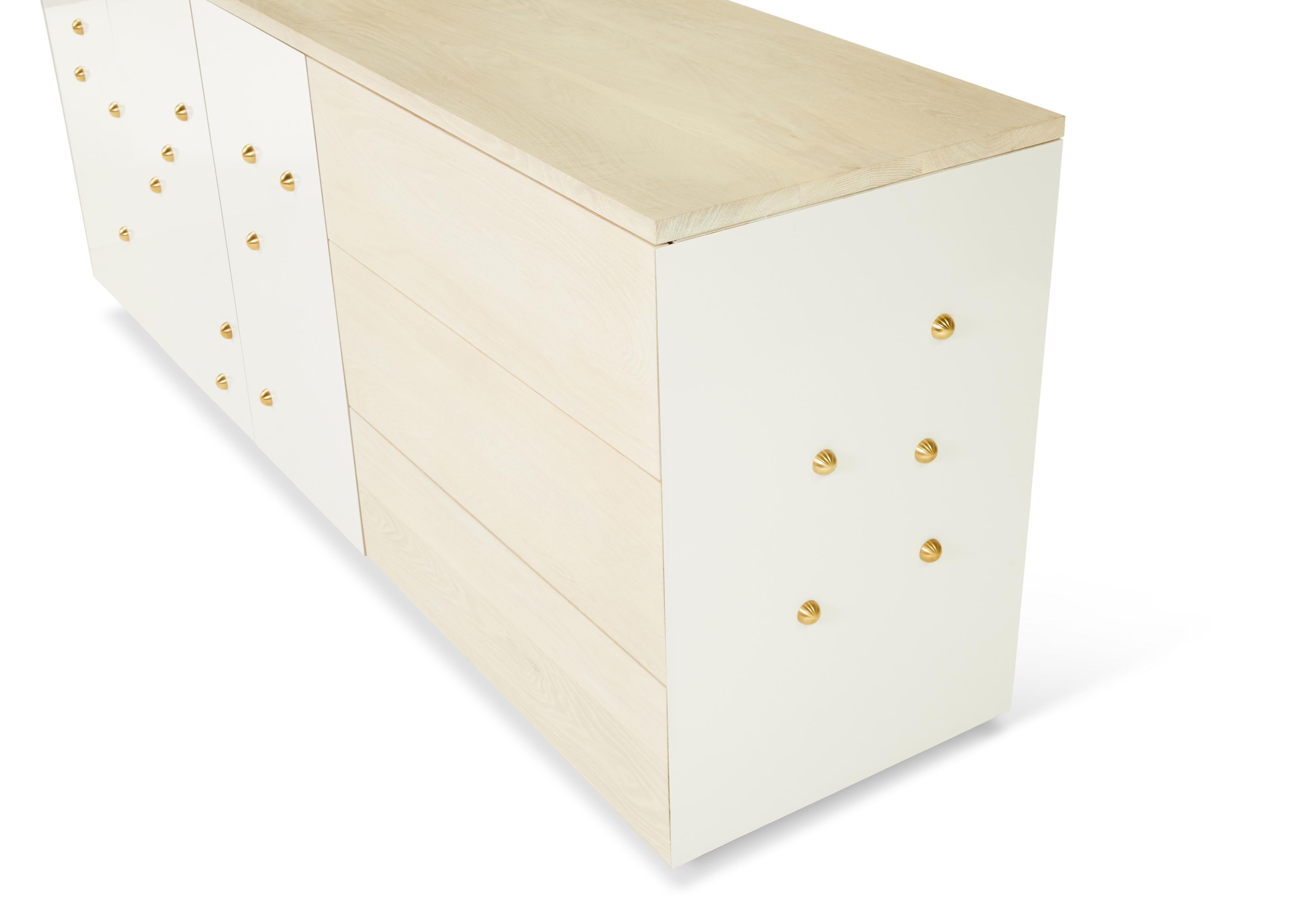 American C-210WB Solid White Oak and Powder-Coated Cantilevered Credenza with Brass Knobs For Sale