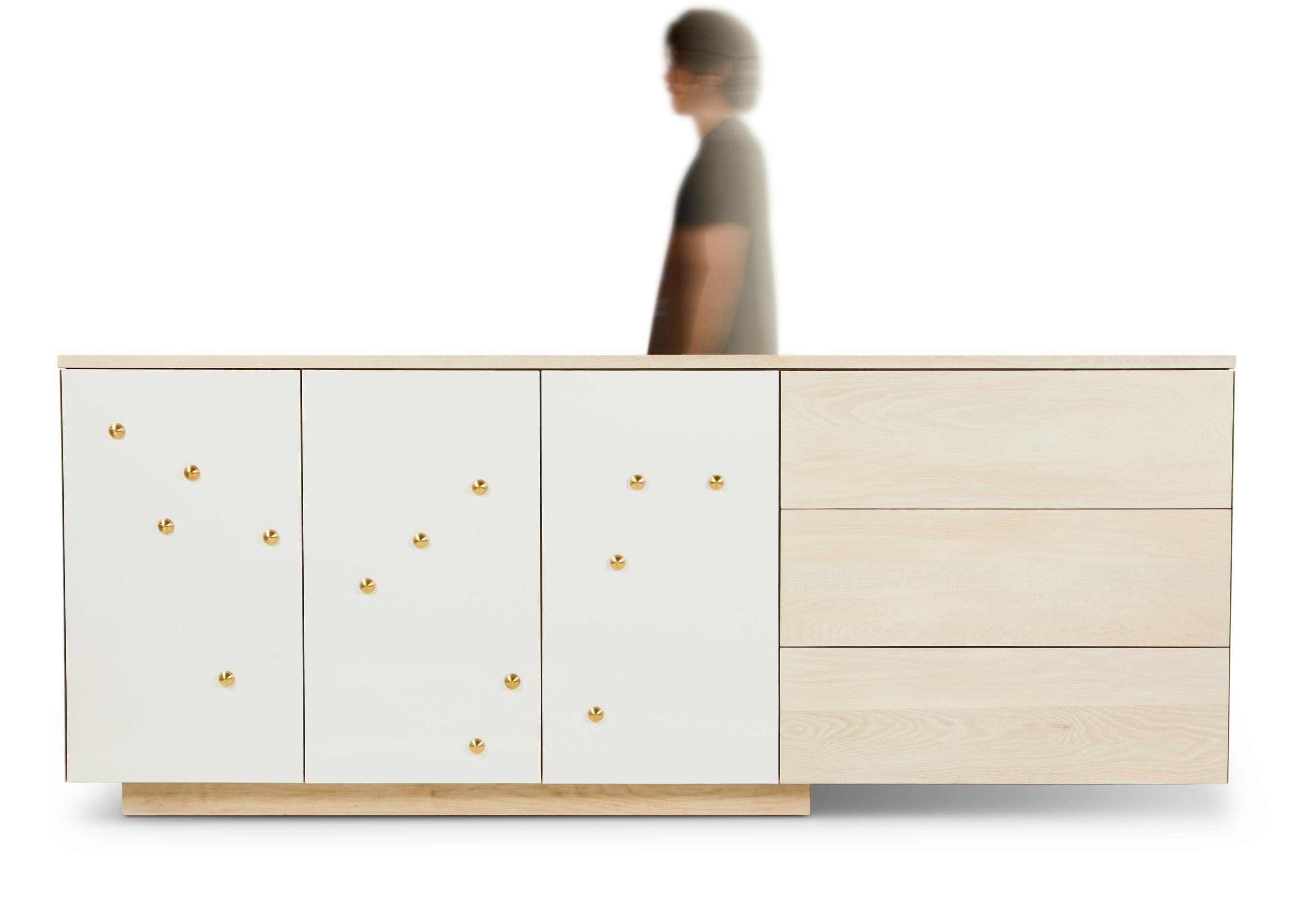 Bleached C-210WB Solid White Oak and Powder-Coated Cantilevered Credenza with Brass Knobs For Sale