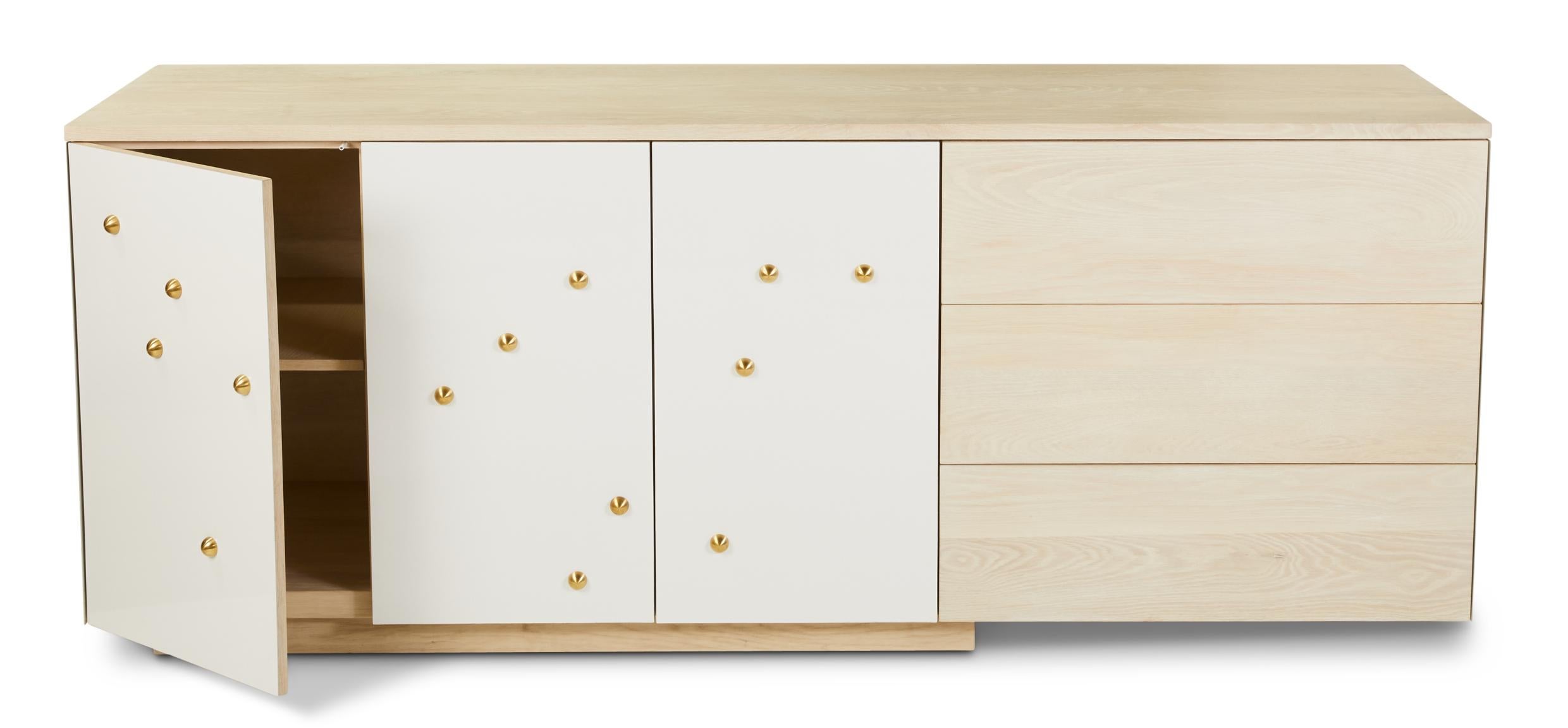 Aluminum C-210WB Solid White Oak and Powder-Coated Cantilevered Credenza with Brass Knobs For Sale