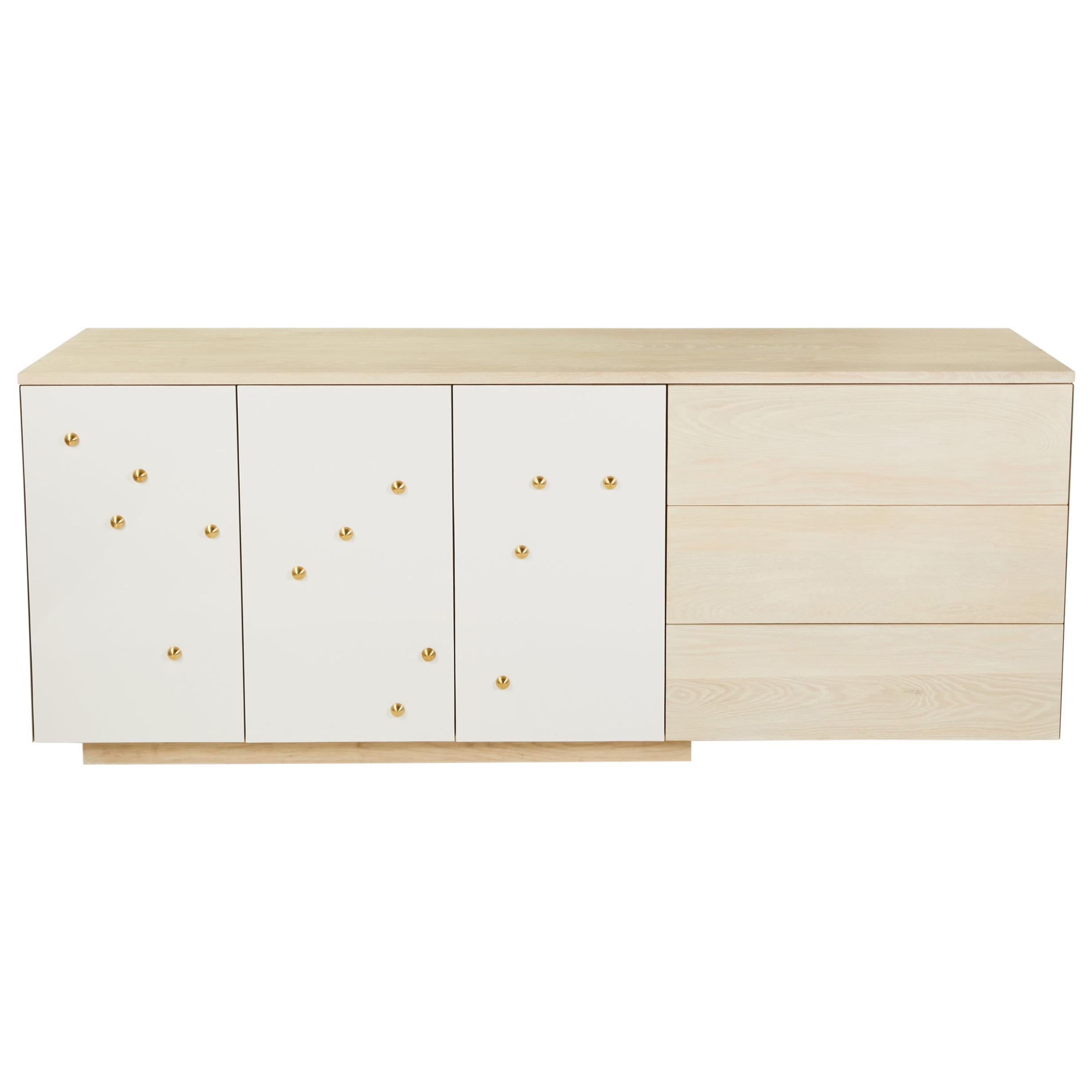 C-210WB Solid White Oak and Powder-Coated Cantilevered Credenza with Brass Knobs For Sale