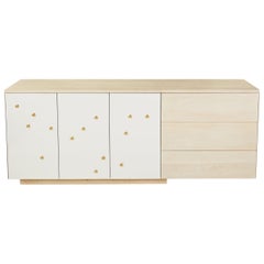 C-210WB Solid White Oak and Powder-Coated Cantilevered Credenza with Brass Knobs