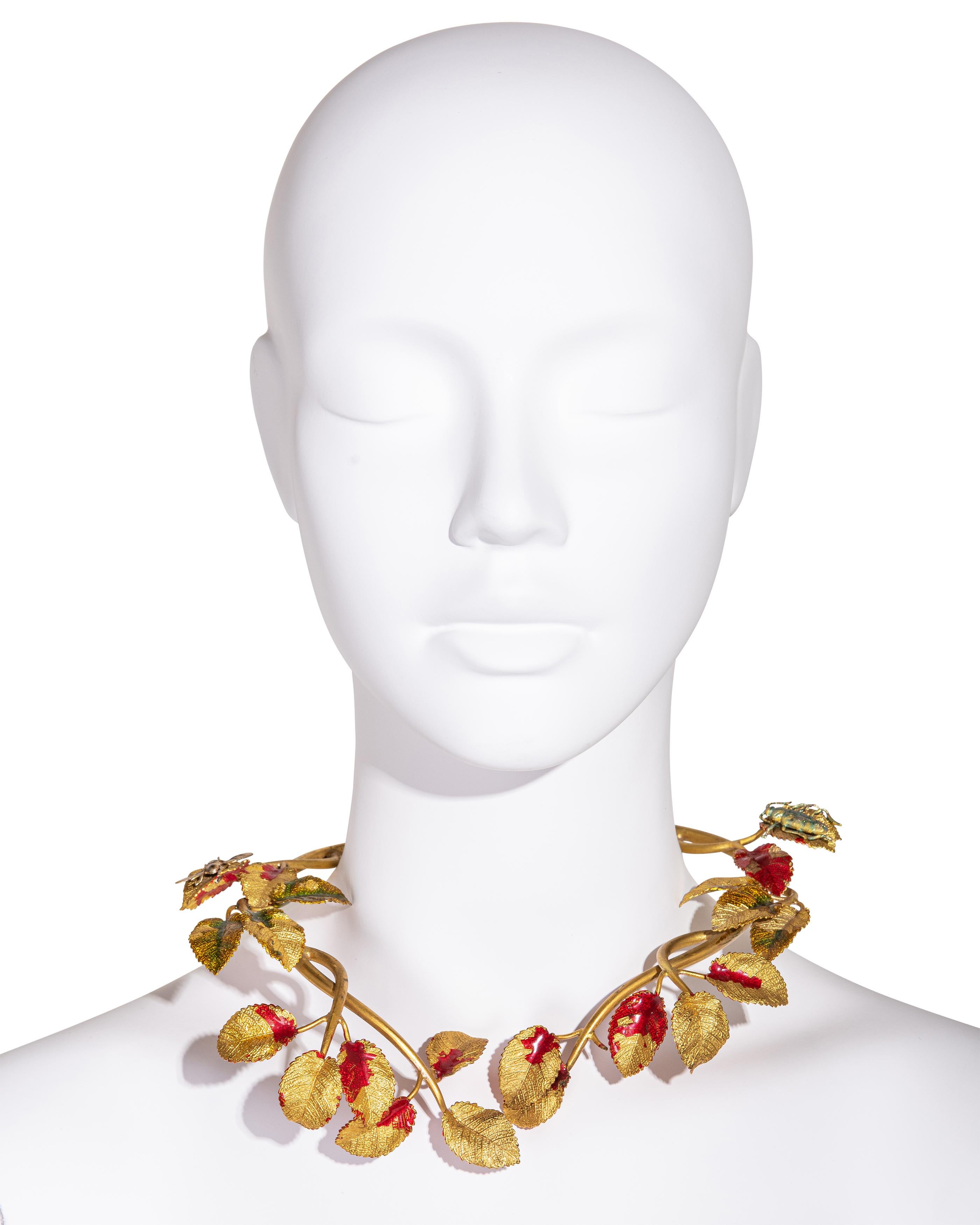 A/W 1938 Elsa Schiaparelli Haute Couture gold insect choker necklace from the 'Pagan Collection.' Very similar featured in the Met Museum. Gilded gold-tone enameled gilt metal with enamel branches and leaves, featuring sleeping insect details.