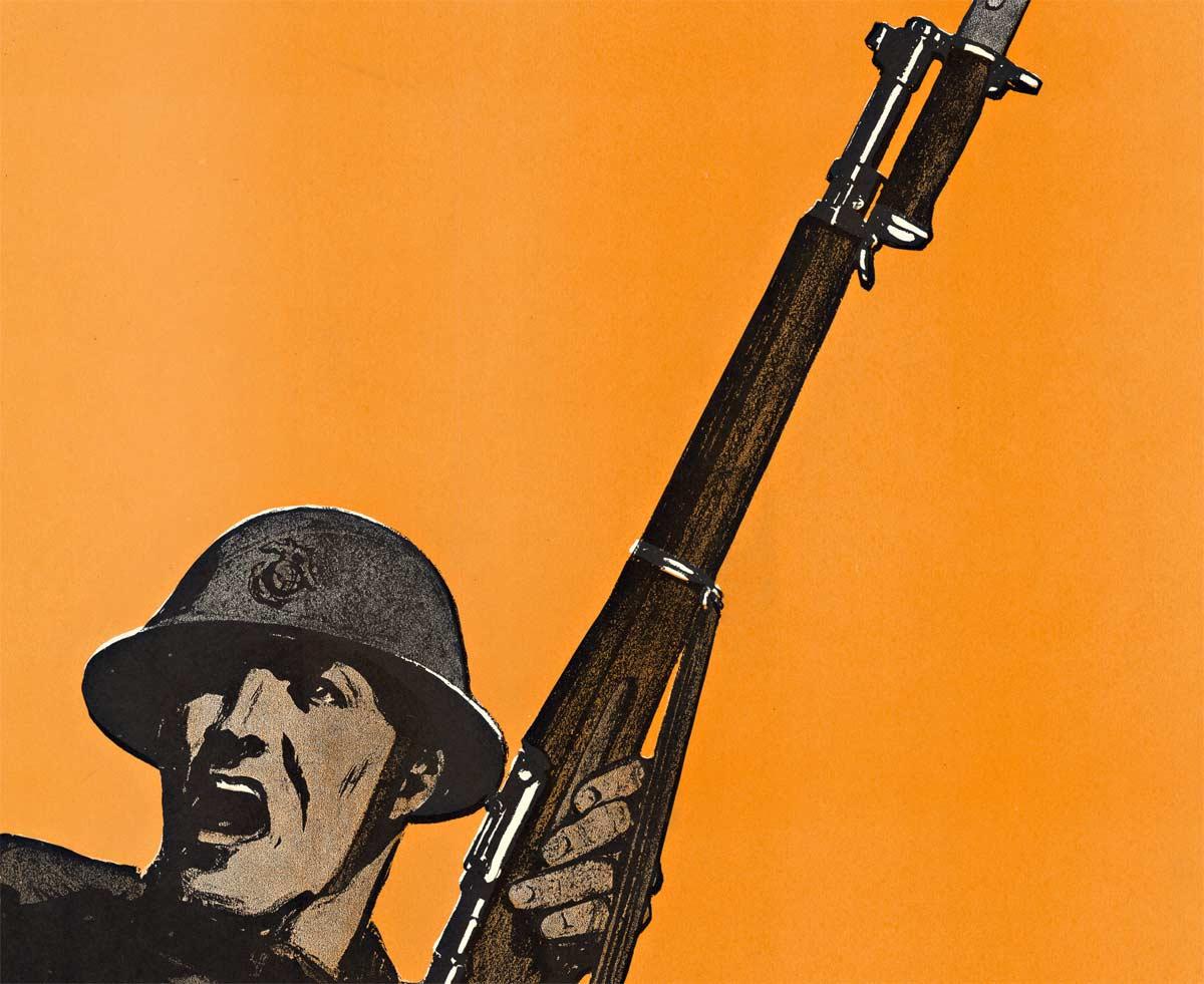 Original Marines World War 1  poster. E-E-E-YAH-YIP Go over with U. S. Marines - Orange Figurative Print by C B Falls