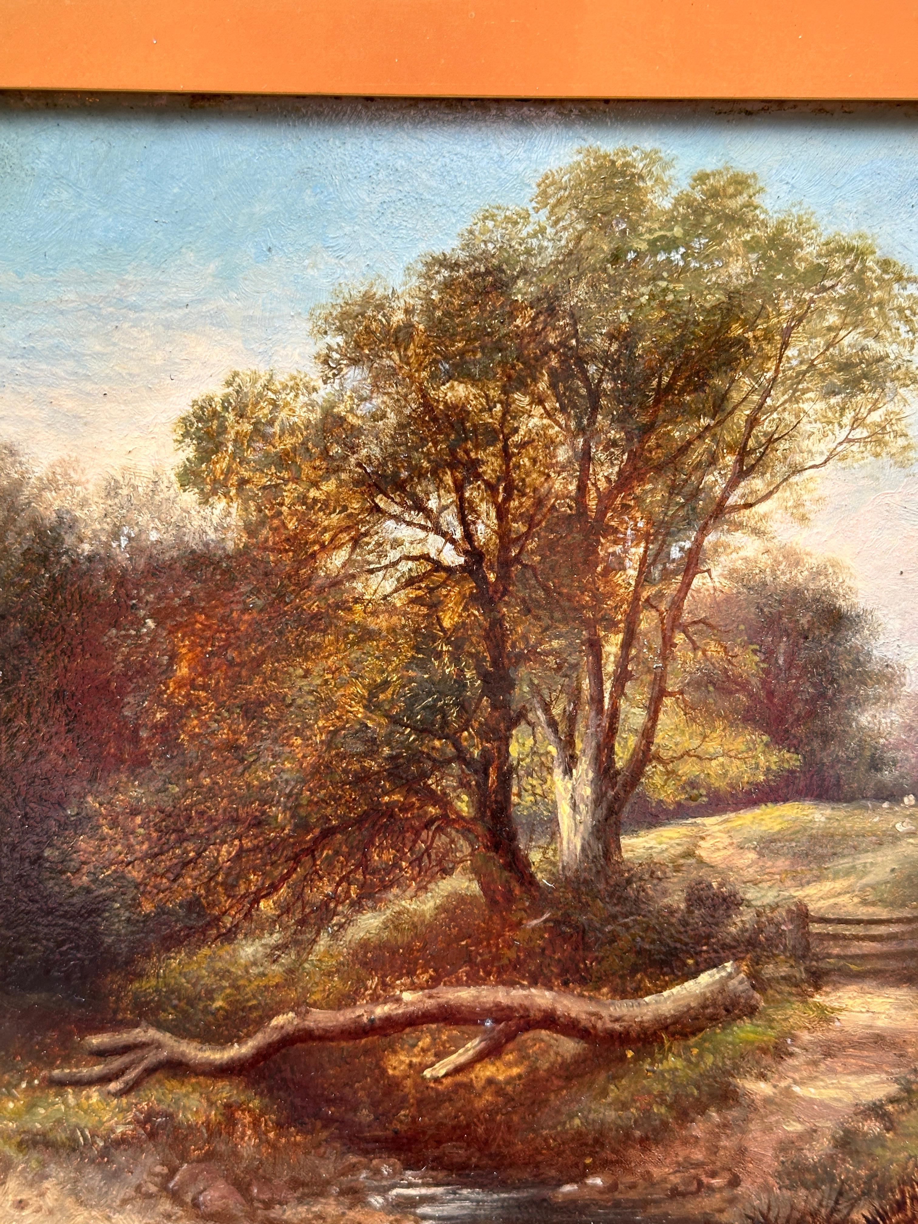 19th century English landscape with Oak trees, a stream and sheep on a pathway.

A wonderful classic English landscape dating from the middle of the 19th century. This style of painting was and still is possibly the most popular subject in English
