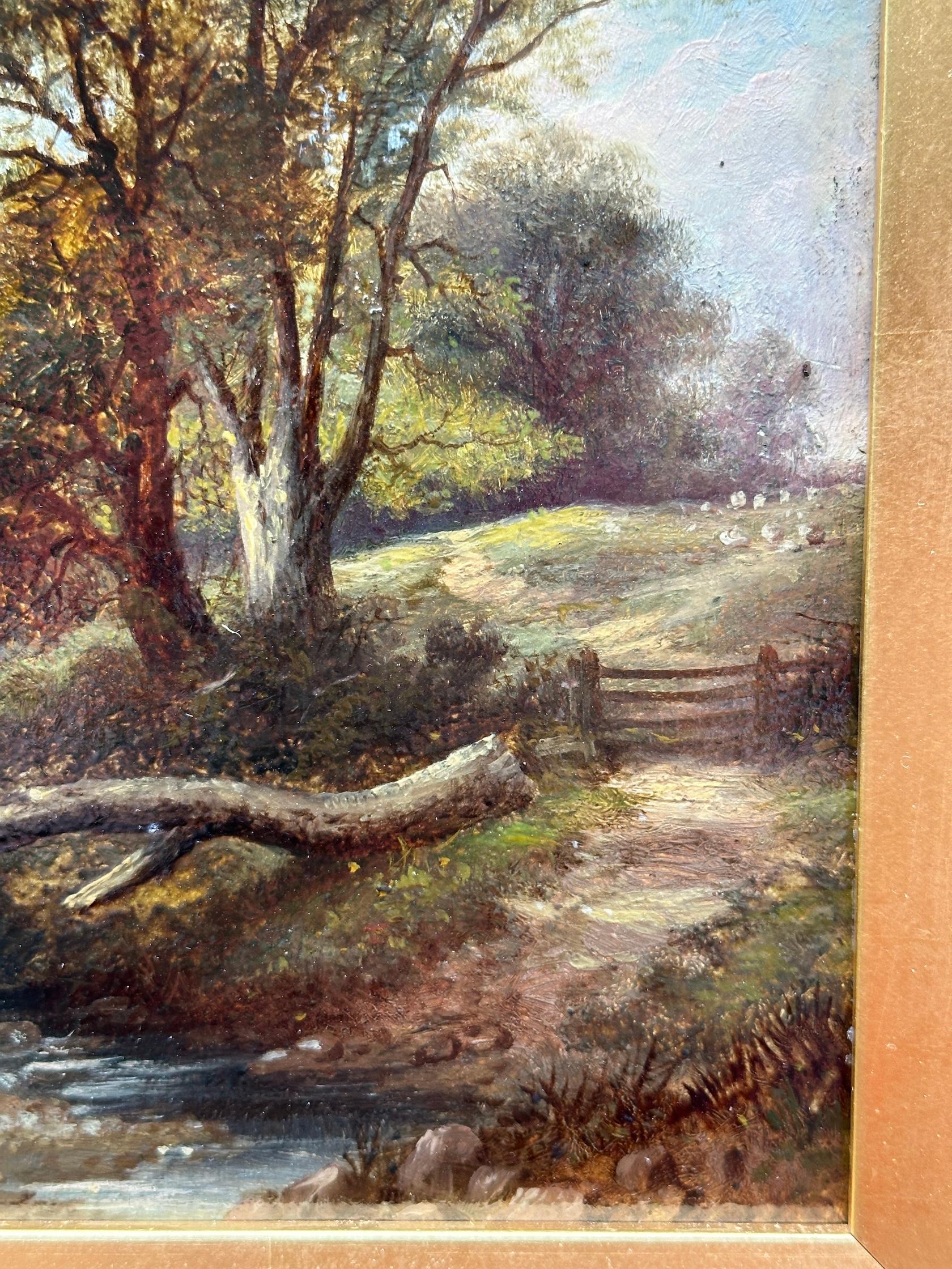 19th century English landscape with Oak trees, a stream and sheep on a pathway For Sale 2