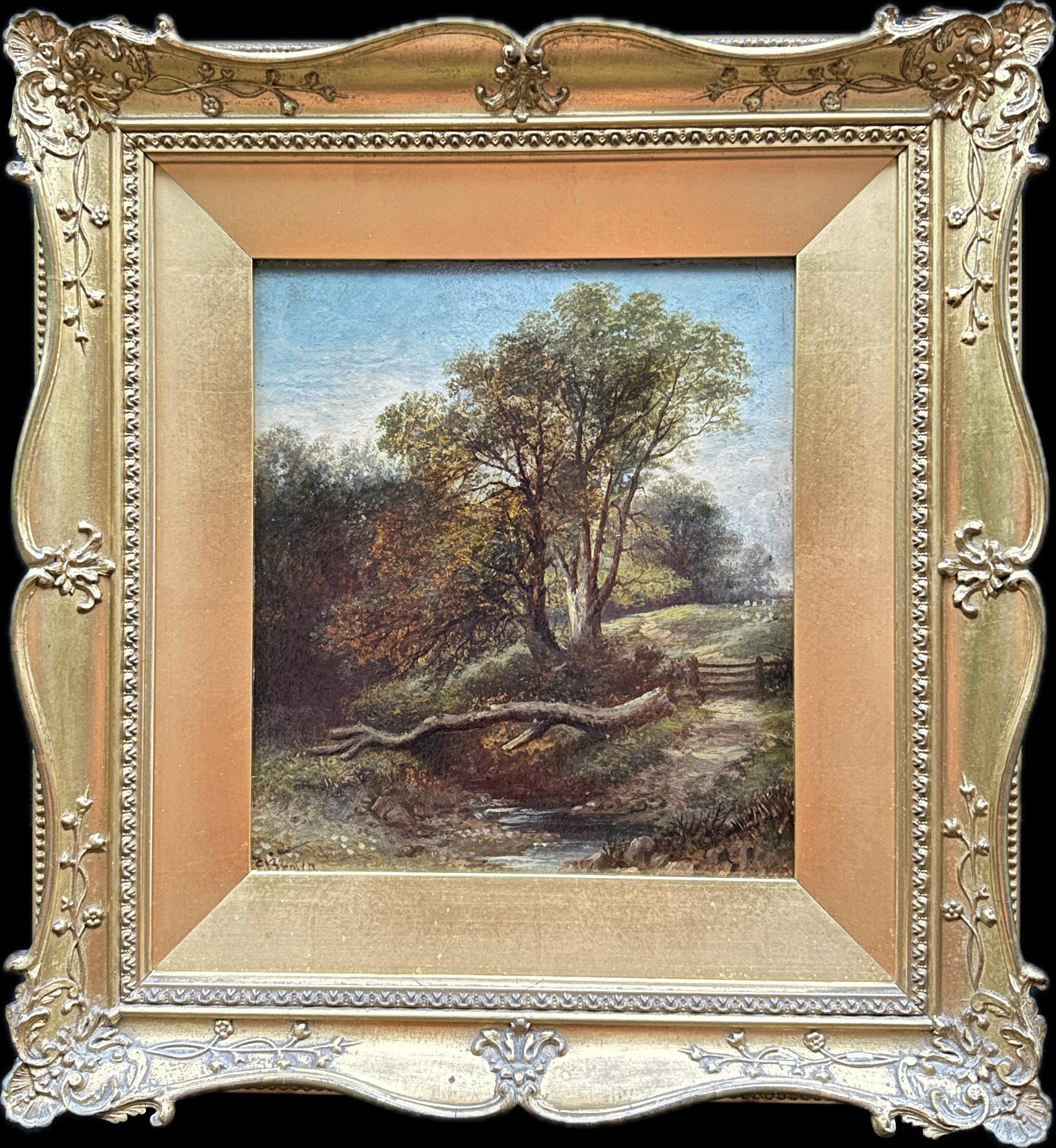 C. Brown Landscape Painting – Englische Landschaft des 19. Jahrhunderts mit Eichenbäumen, einem Fluss und Schafen auf einem Weg