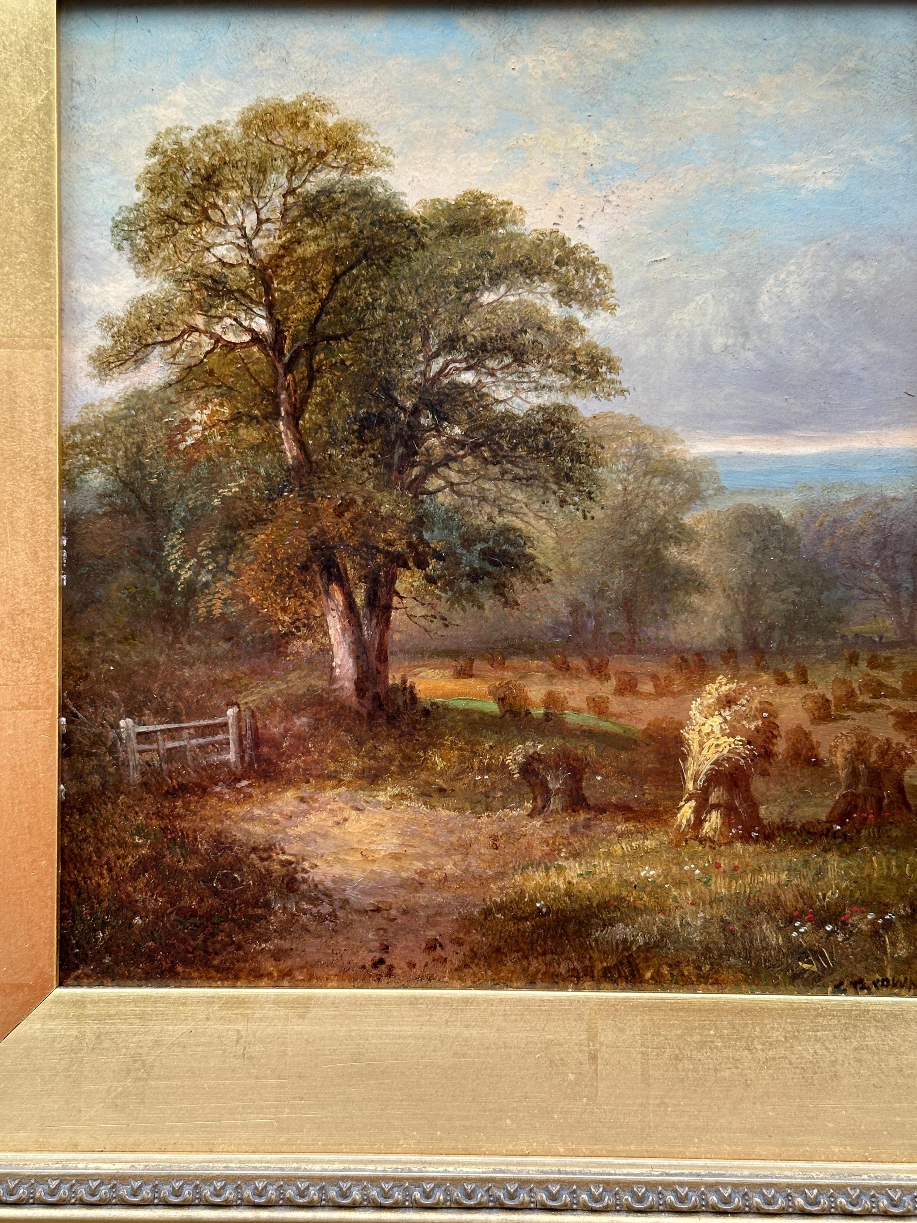 Englische Landschaft des 19. Jahrhunderts mit Bäumen, ein Erntesockel im Sommer – Painting von C. Brown