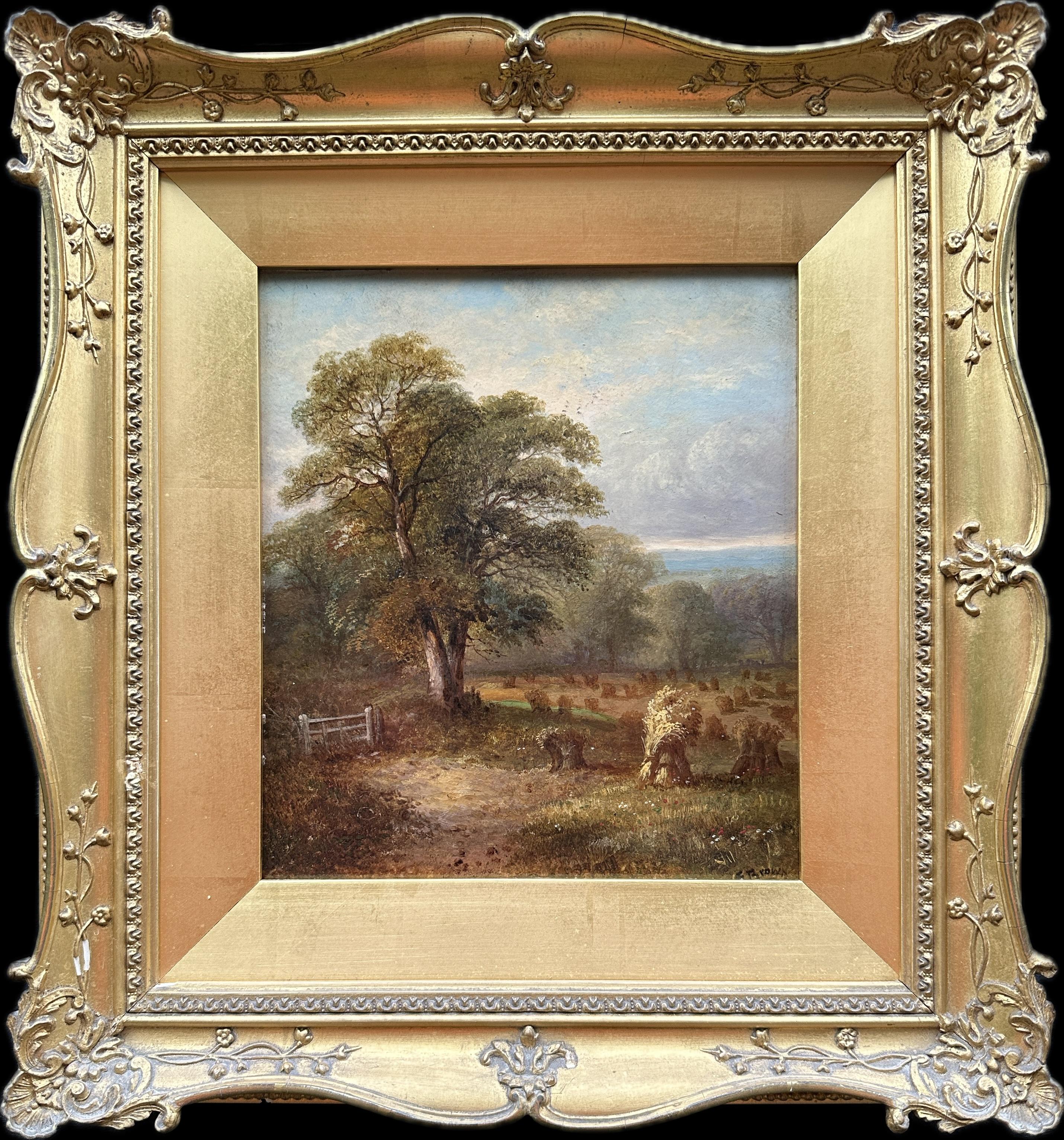 C. Brown Landscape Painting – Englische Landschaft des 19. Jahrhunderts mit Bäumen, ein Erntesockel im Sommer