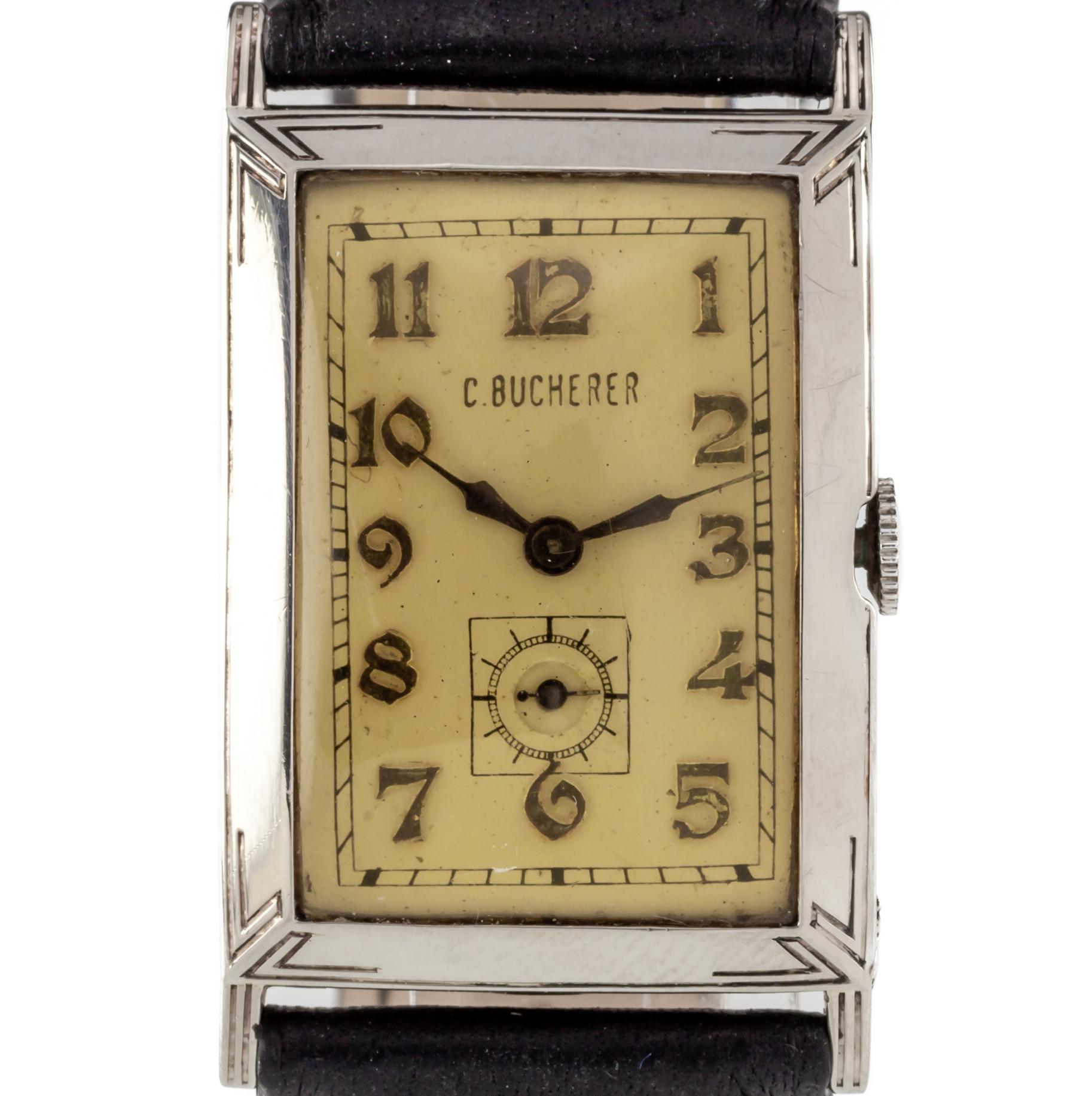 C. Bucherer 14k White Gold Antique Art Deco Hand-Winding Watch ETA 500

Movement #ETA 500
Case #102174

14k White Gold Art Deco Rectangular Case
24 mm Wide (25 mm w/ Crown)
33 mm Long
Lug-to-Lug Distance = 41 mm
Lug-to-Lug Width = 20 mm
Thickness =