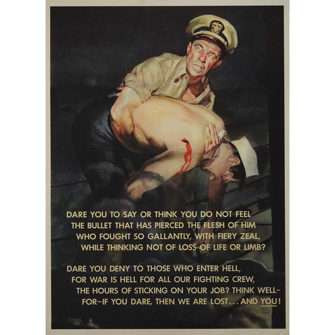 This 1943 original wartime poster by illustrator C.C. Beall is a searing psychological appeal rendered in oil and urgency. Created during the height of World War II, the image confronts its viewer with raw emotion and moral indictment, embodying the