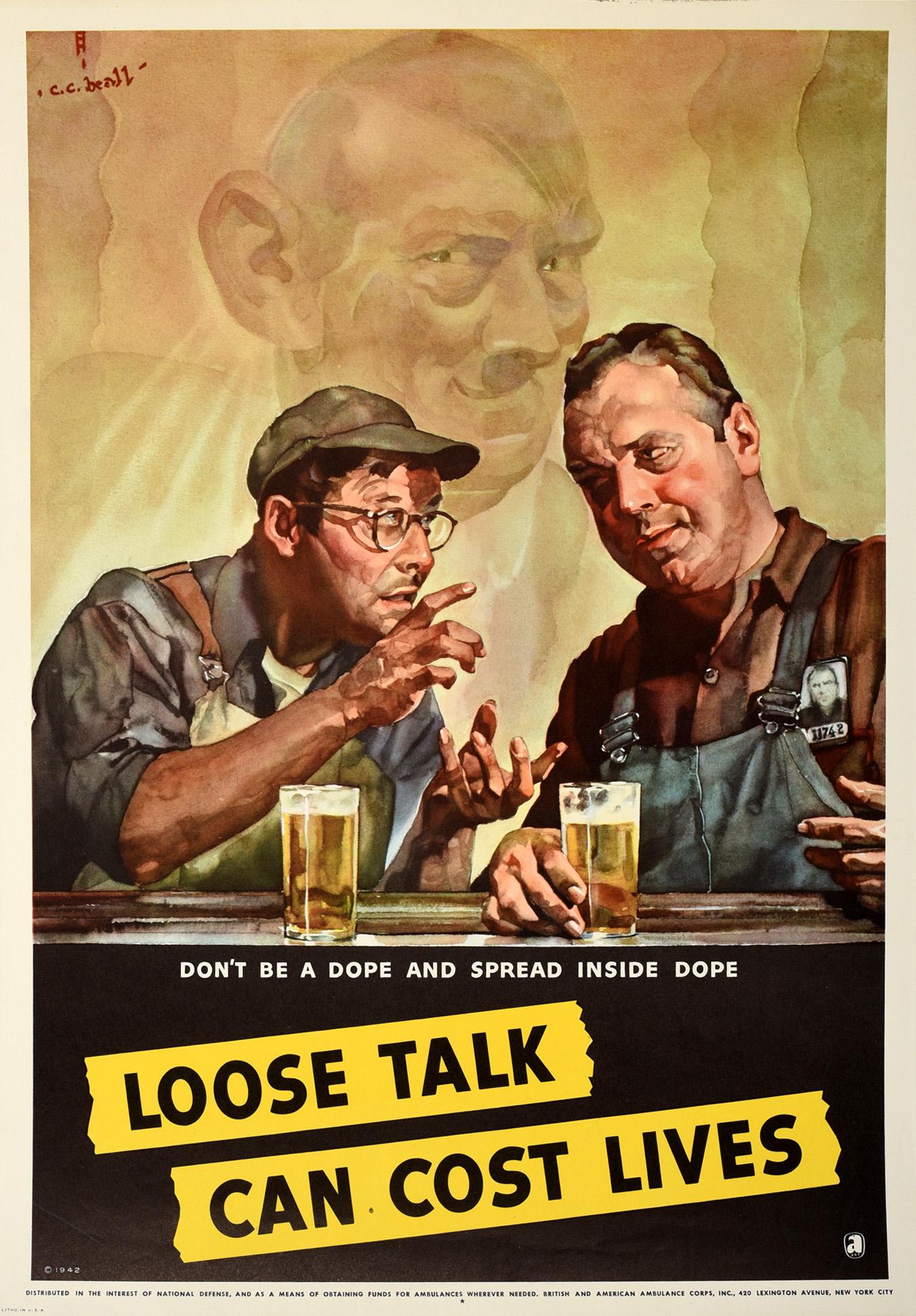 C.C. Beall Print - Original Vintage Poster Loose Talk Can Cost Lives Don't Be A Dope WWII Warning 