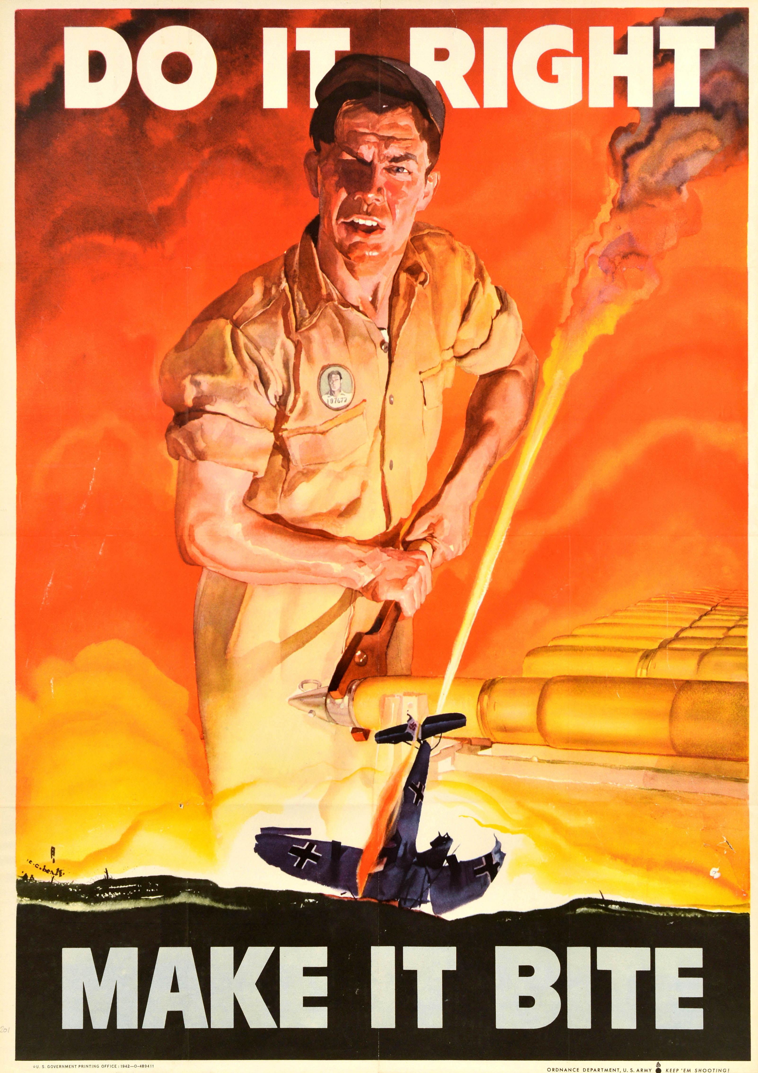 Print di C.C. Beall - Poster originale della produzione del fronte interno della guerra d'epoca Do It Right Make It Bite WWII
