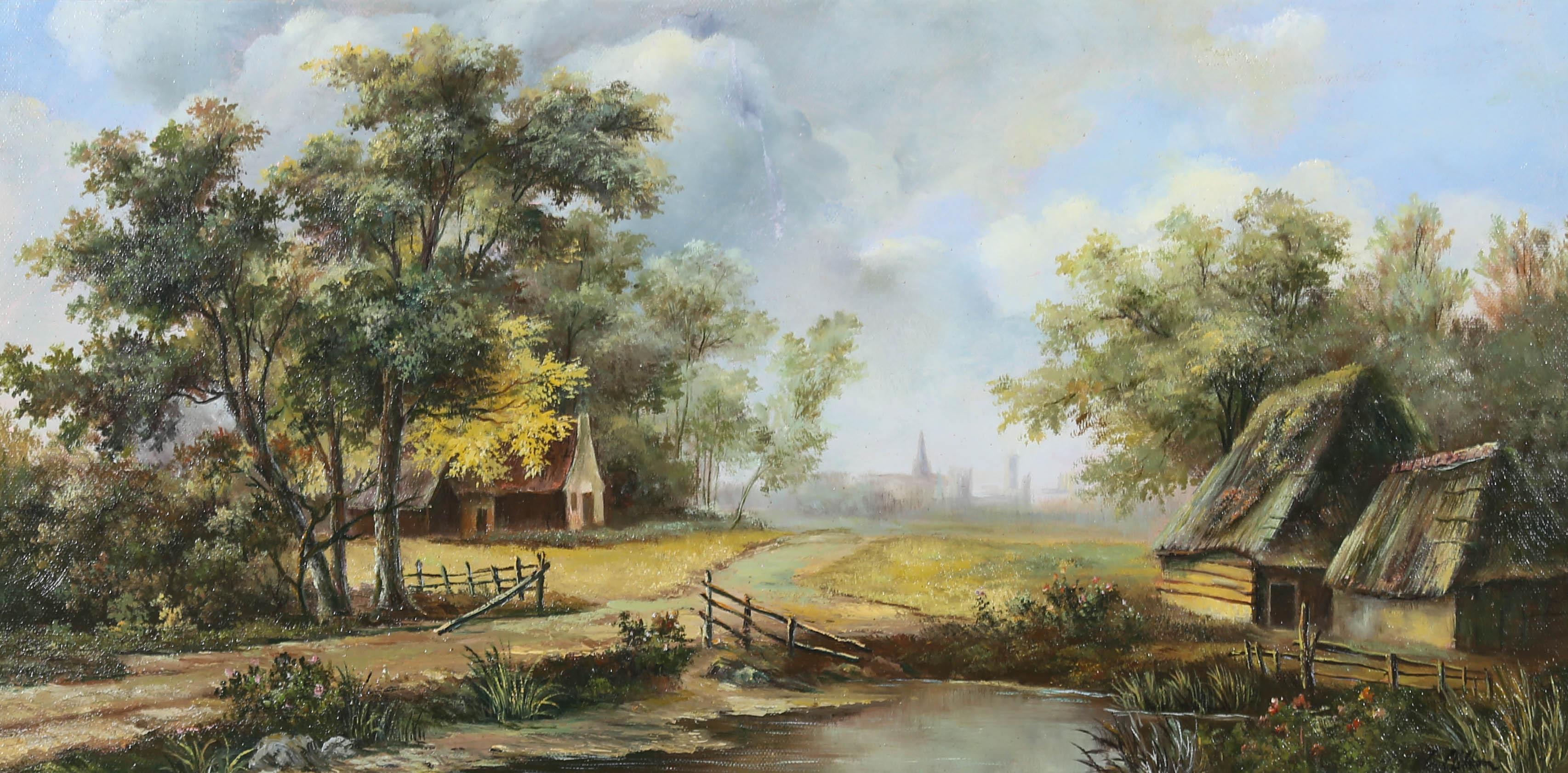 A charming 20th Century oil landscape showing thatched houses at the edge of a shallow creek with the silhouettes of a town in the distance. The artist has signed to the lower right and the painting has been presented in a gilt frame. On canvas