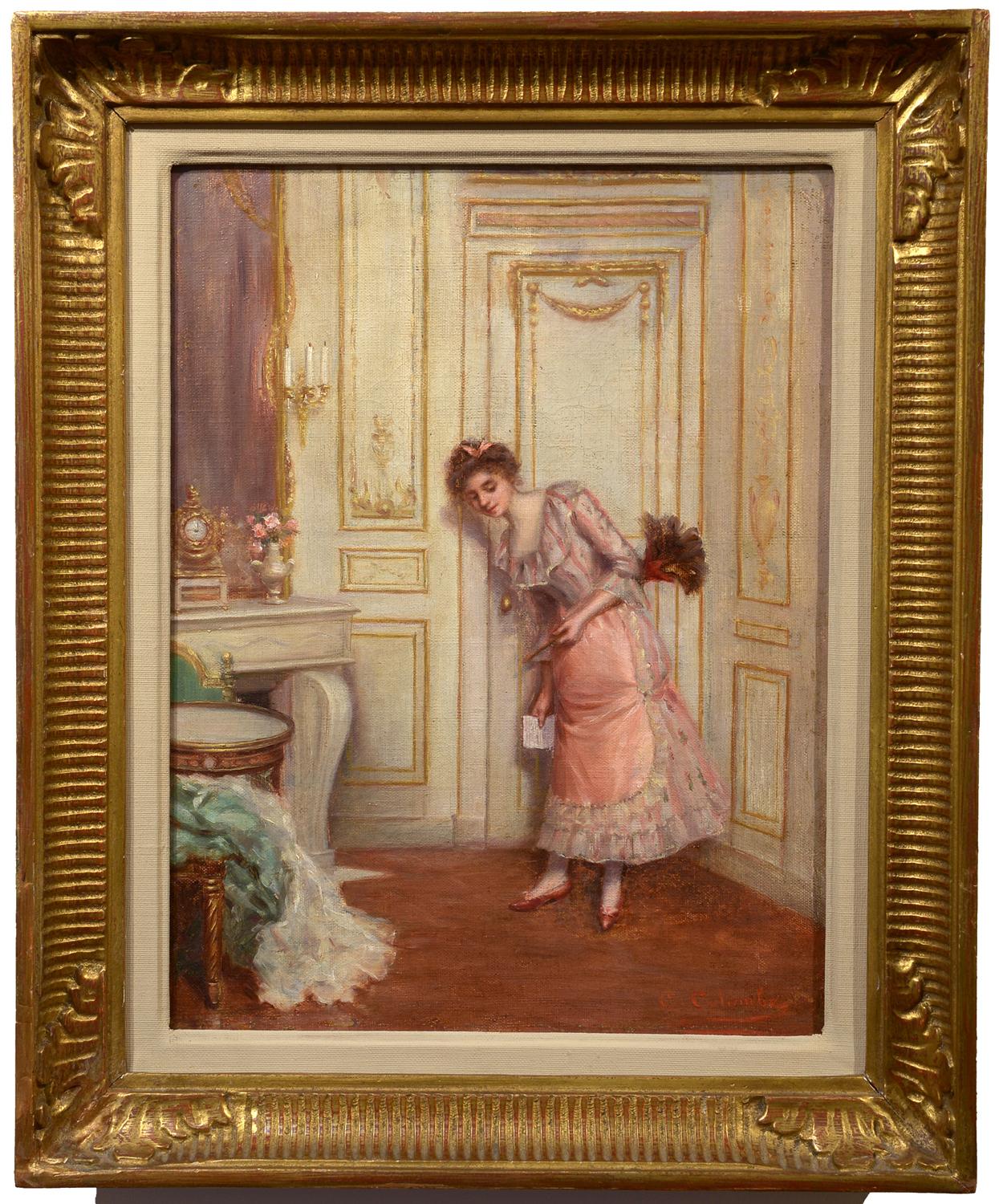 « À la porte, », scène d'intérieur domestique réaliste européenne de la fin du 19e siècle  - Painting de C. Colombe