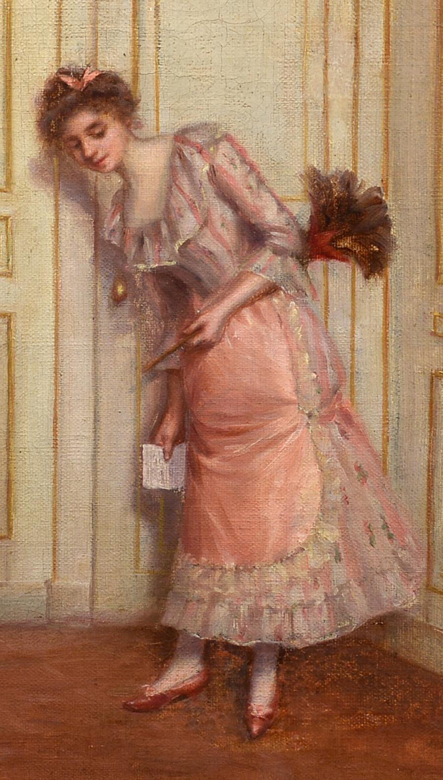« À la porte, », scène d'intérieur domestique réaliste européenne de la fin du 19e siècle  - Réalisme Painting par C. Colombe