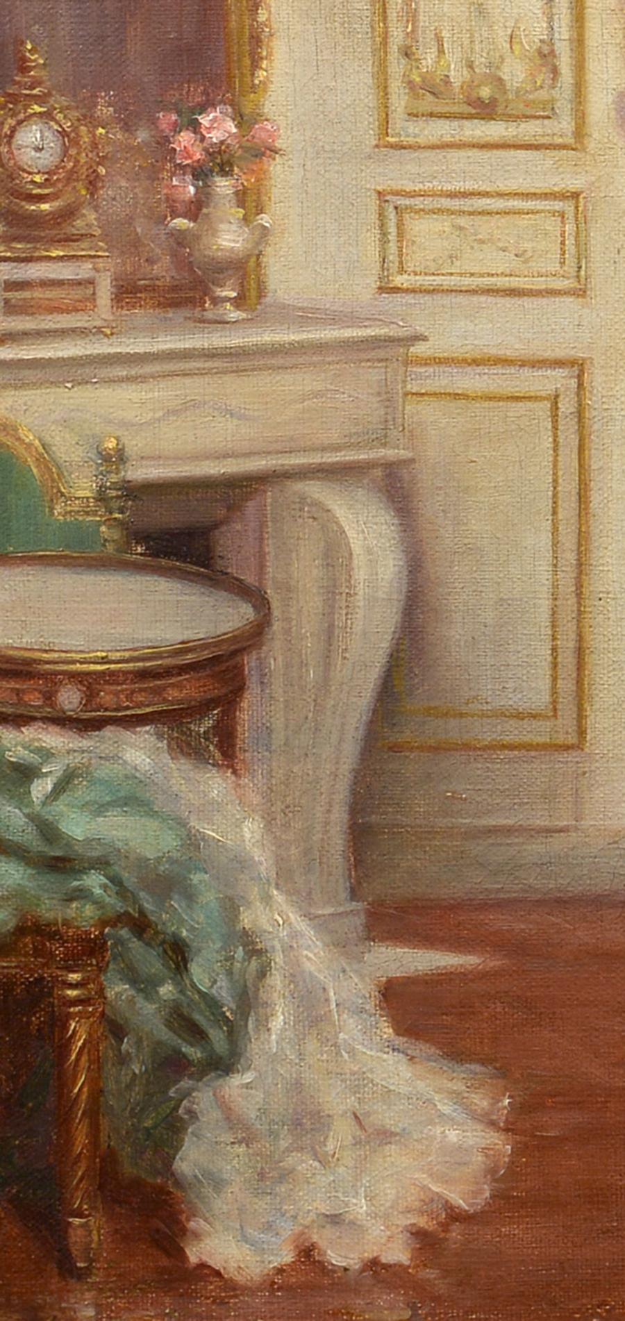 « À la porte, », scène d'intérieur domestique réaliste européenne de la fin du 19e siècle  - Marron Interior Painting par C. Colombe