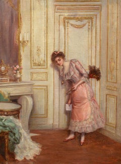 "At the Door, " Late 19th Century European Realist Oil Domestic Interior Scene