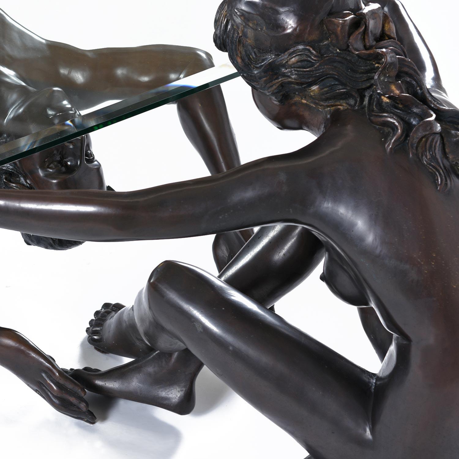 Bronzefigurale Jugendstil-Skulptur-Couchtisch mit Glasplatte aus Bronze von C. Conndray im Angebot 1