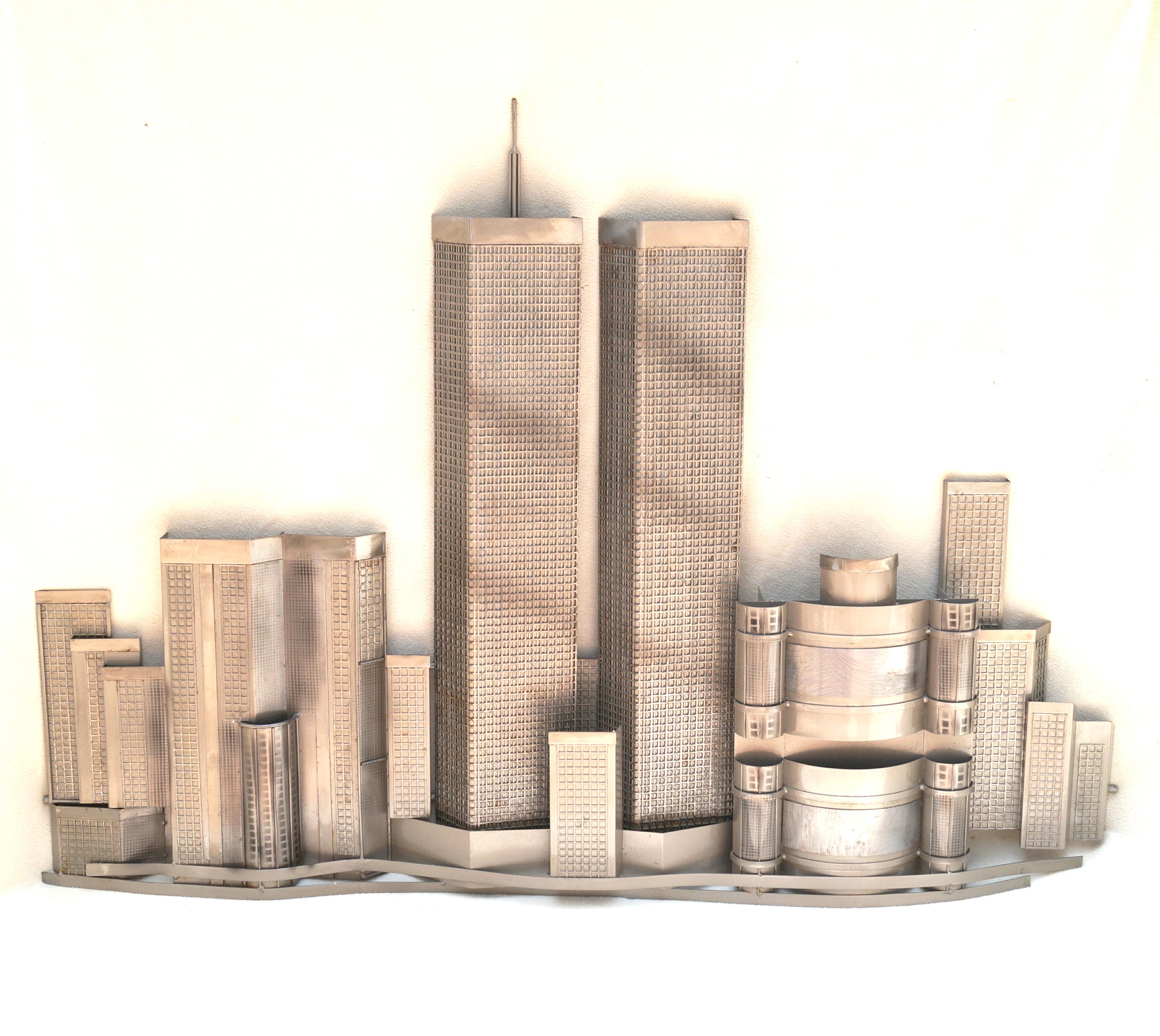 C. Curtis Jere Mid-Century Modern World Trade Center Wall Mount Sculpture / Sculptural Metal Art Twin Towers . Believed to be from 2001 . The Signature and date is difficult to see as it is worn from age and cleaning .  If you are in the NJ /NYC