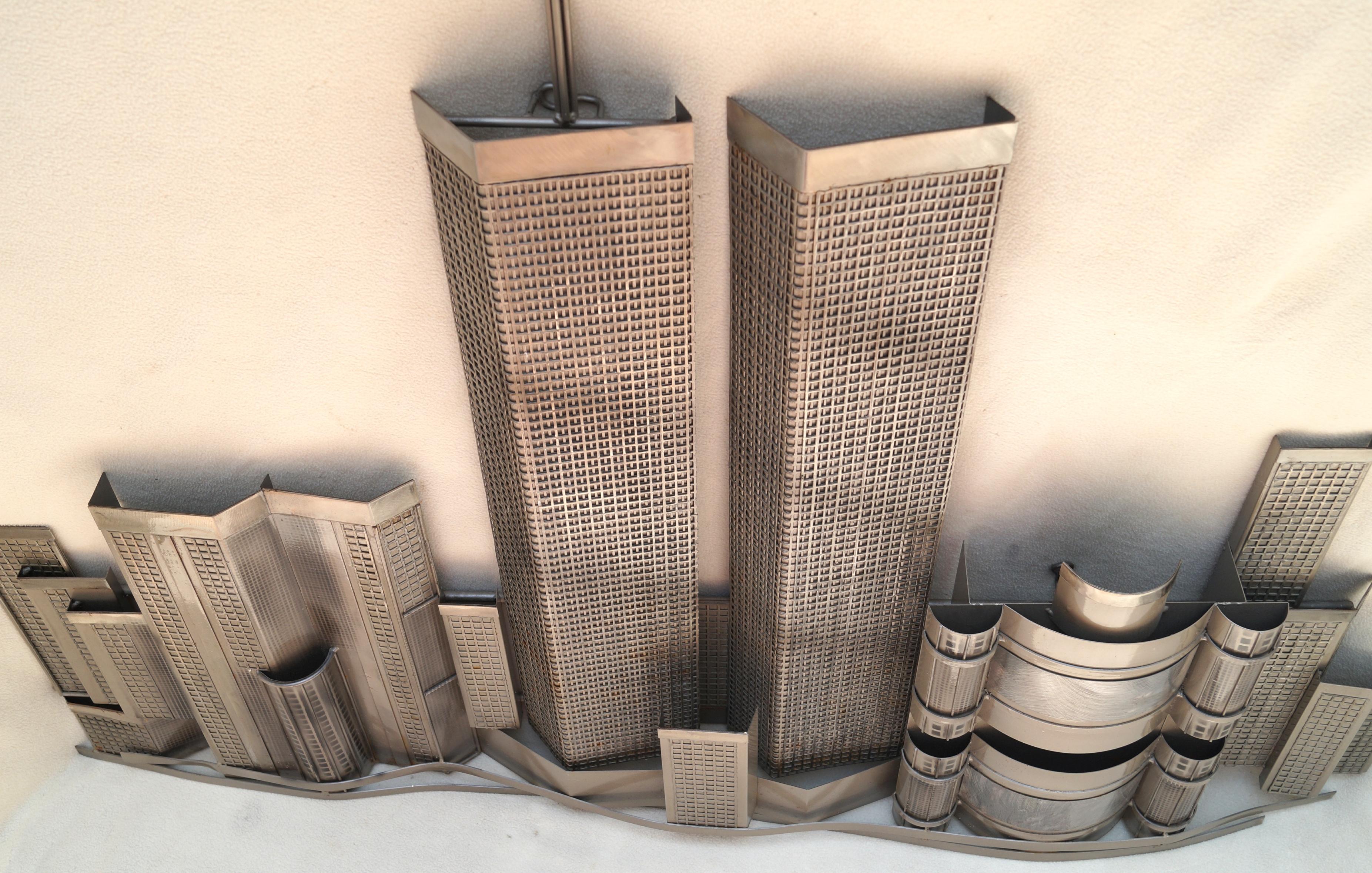 Contemporary C. Curtis Jere World Trade Center Wall Sculpture Metal Art Twin Towers Citiscape For Sale
