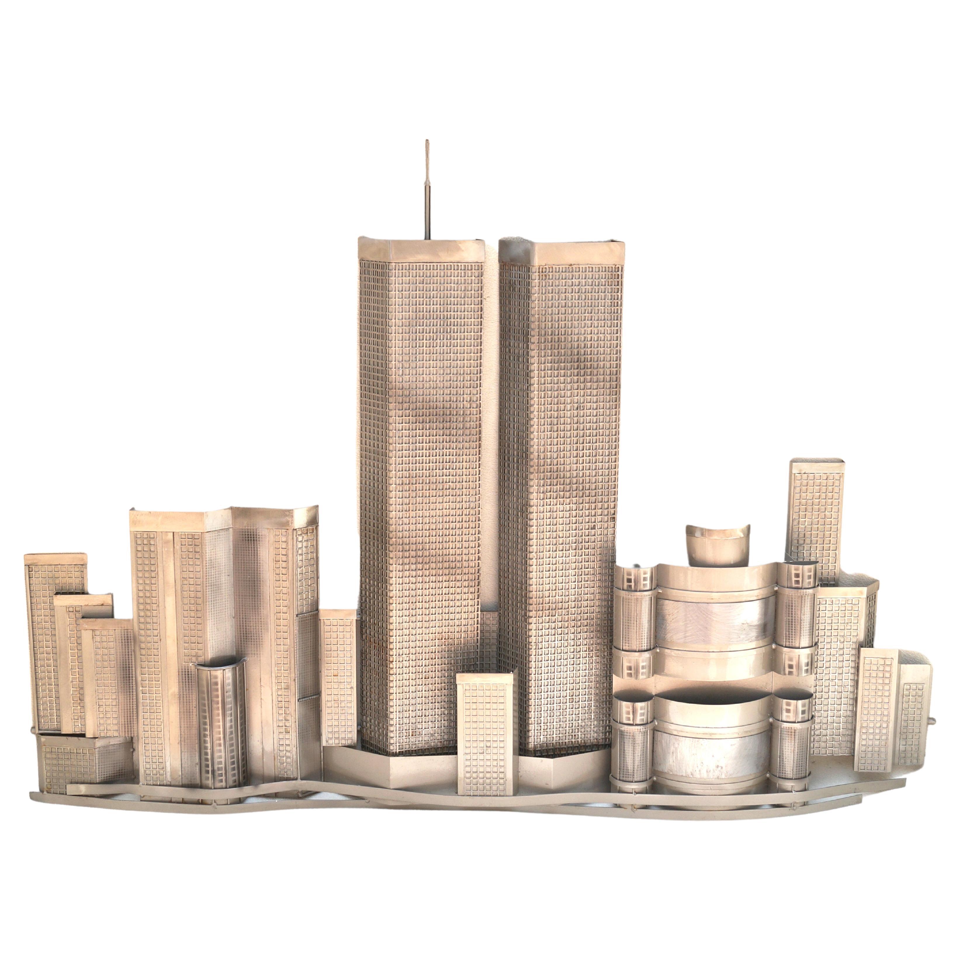 C. Curtis Jere World Trade Center Wall Sculpture Metal Art Twin Towers Citiscape For Sale